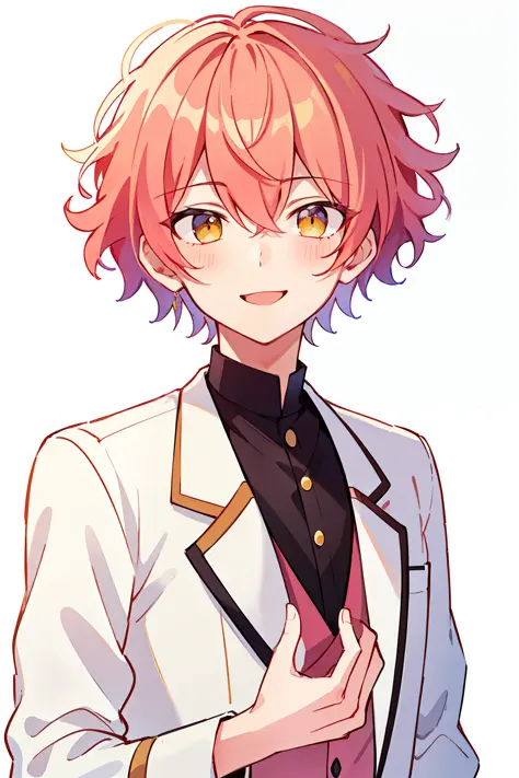 (high-quality, breathtaking),(expressive eyes, perfect face), 1boy, male, solo, short, young boy, curly peach pink hair, yellow ...