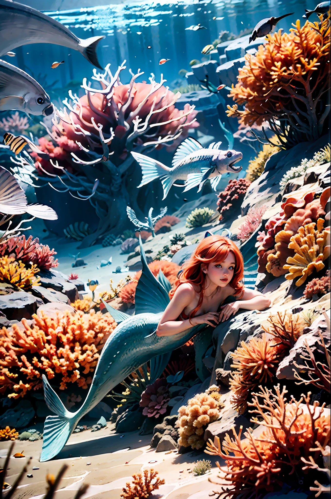 (masterpiece), (best quality:1.2), absurdres, [:intricate details:0.2], Under the sea, blue eyes, scales, a beautiful Little (Mermaid) swims gracefully with her bright red hair flowing behind her, surrounded by schools of colorful tropical fish, coral reefs, and sea anemones. The vibrant hues of blues, create a surreal and magical underwater world that leaves the viewer in awe.