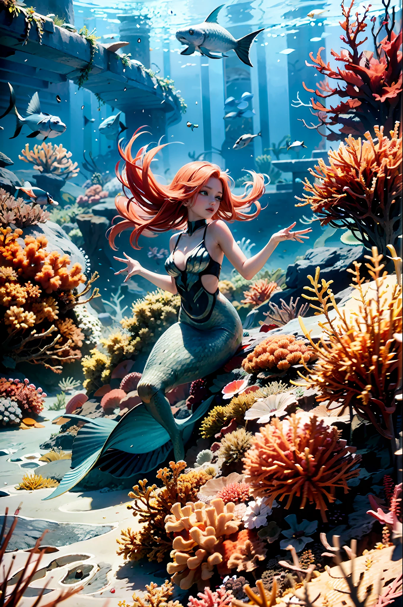 (傑作), (最好的品質:1.2), 荒謬的, [:複雜的細節:0.2], 在海底, 藍眼睛, 體重計, 一個美麗的小 (美人魚) 優雅地游泳，鮮紅的頭髮在身後飄揚, 周圍環繞著色彩繽紛的熱帶魚群, 珊瑚礁, 和海葵. 充滿活力的藍調色調, 創造一個超現實、神奇的海底世界，讓觀眾驚嘆不已.
