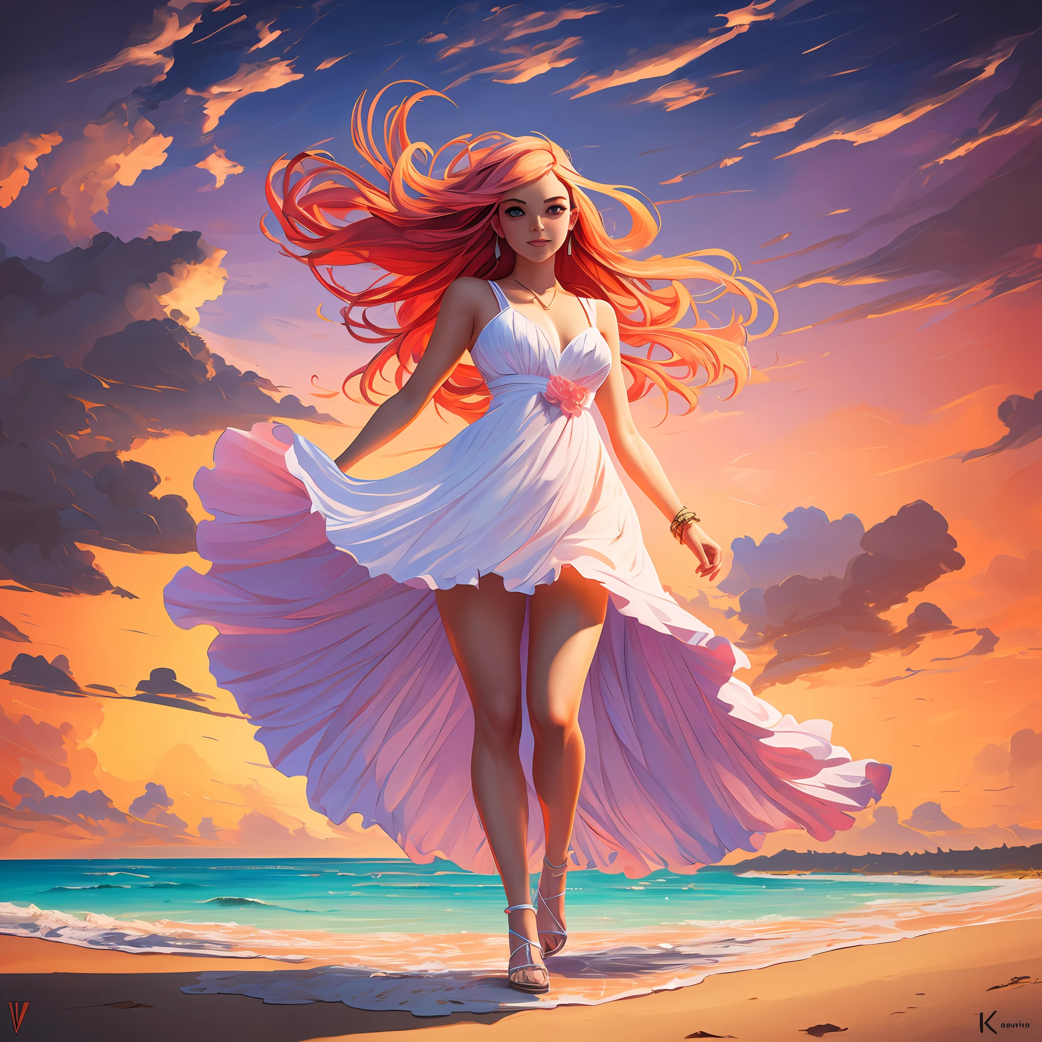 full body shot, by Ilya Kuvshinov, art by Ivan Aivazovsky, art by Leonid Afremov, young anime woman, perfect hourglass figure, posing, ultra cute, ultra joyful, bright blue eyes, pink-orange hair, wearing a warm pink-orange-white ultra uptight beach dress, lut, ultra skin indentation, warm vibrant pastel colors, insane details, intricate details, hyperdetailed, 8k, volumetric light, depth of field, perfect anatomy, completely clean body, art by Leonid Afremov, art by Ilya Kuvshinov,