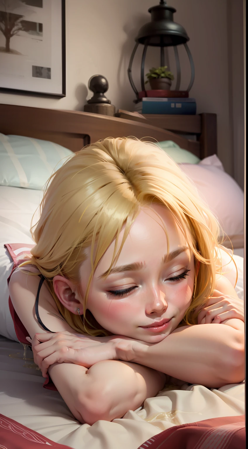 Blonde haired woman laying on bed with her arms crossed - SeaArt AI