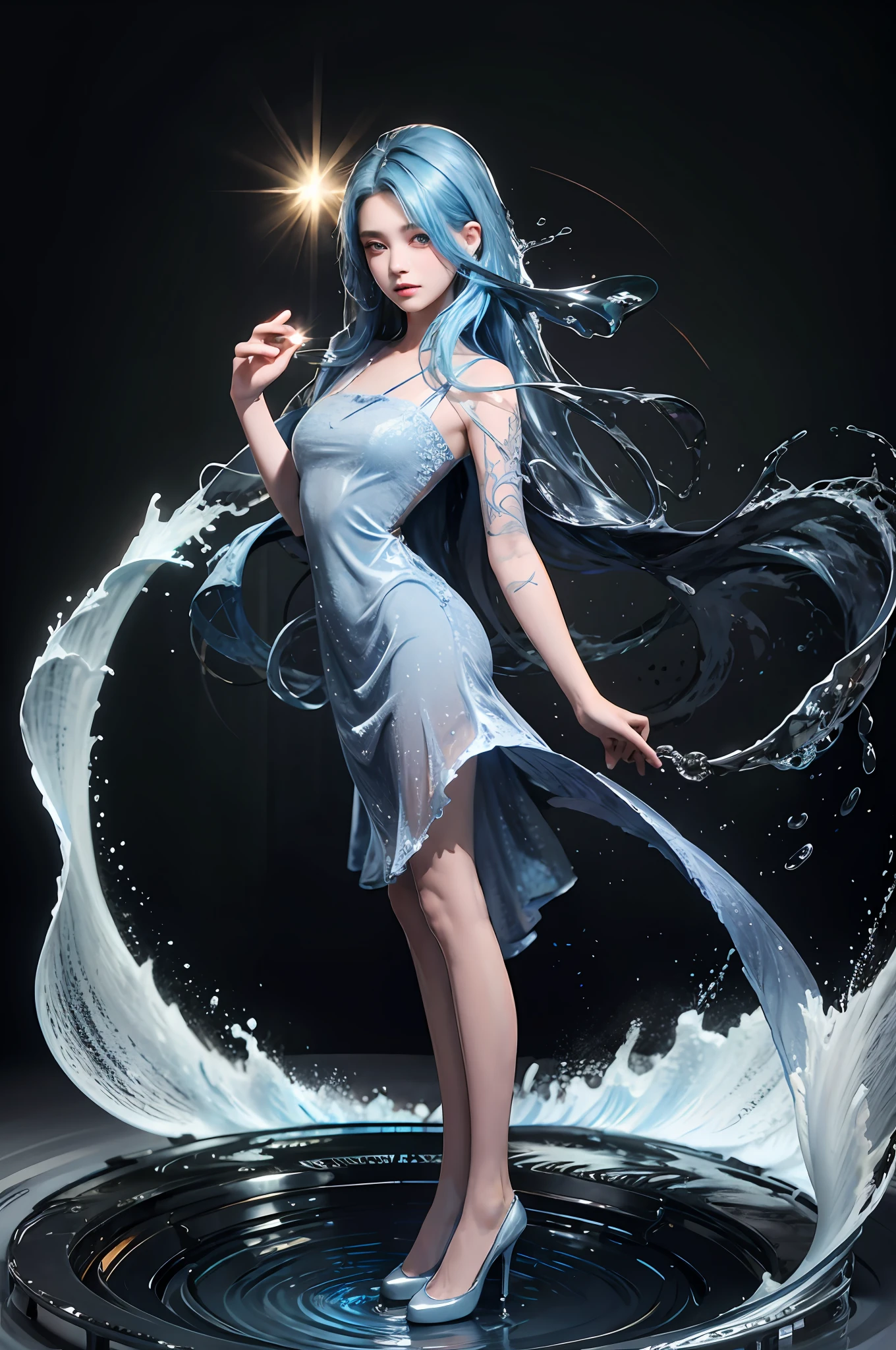 (masterpiece, best quality, high quality, highres, ultra-detailed), 1girl,solo,light_blue_hair,(liquid hair:1.2),liquid shoes,  long hair,floating hair, full body, standing,sundress, liquid clothes,water dress,  best quality, 8k, detailed skin texture,  beautiful detailed face, intricate details, ultra detailed,dancing,    skirt_tail,