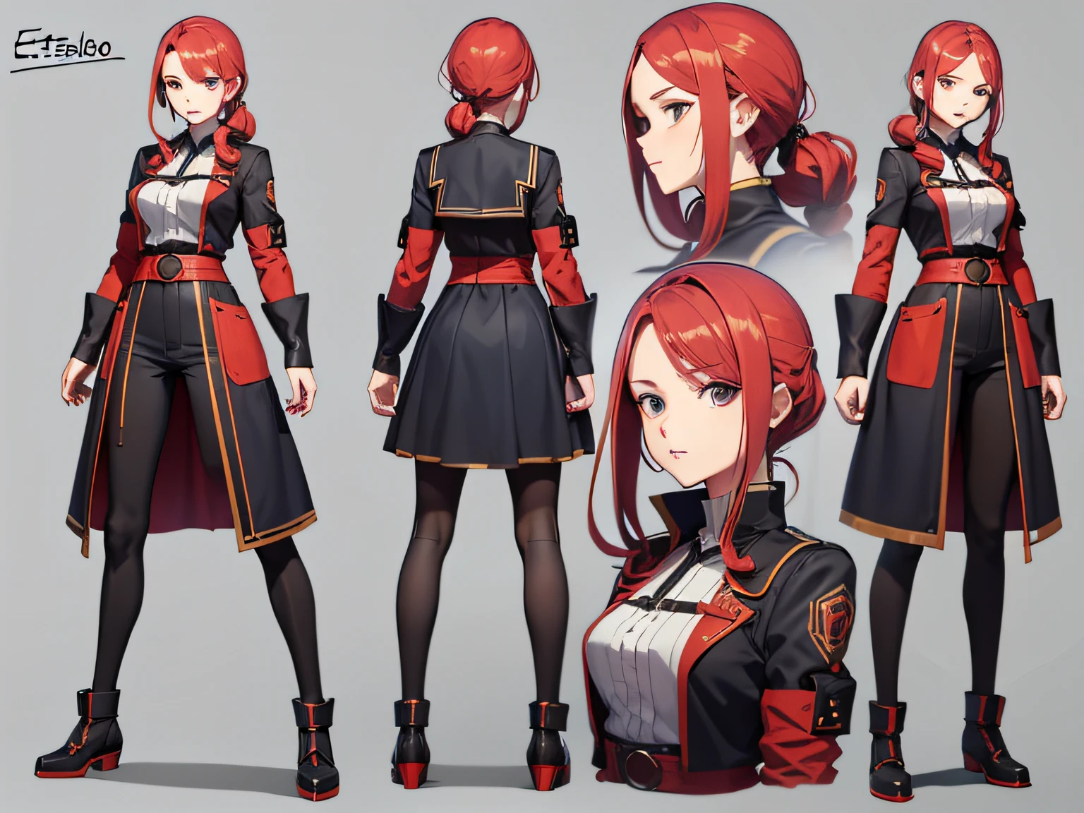 Character Sheet, full-body, famale, red haired, from low, anime styling, 4K, high qualiy