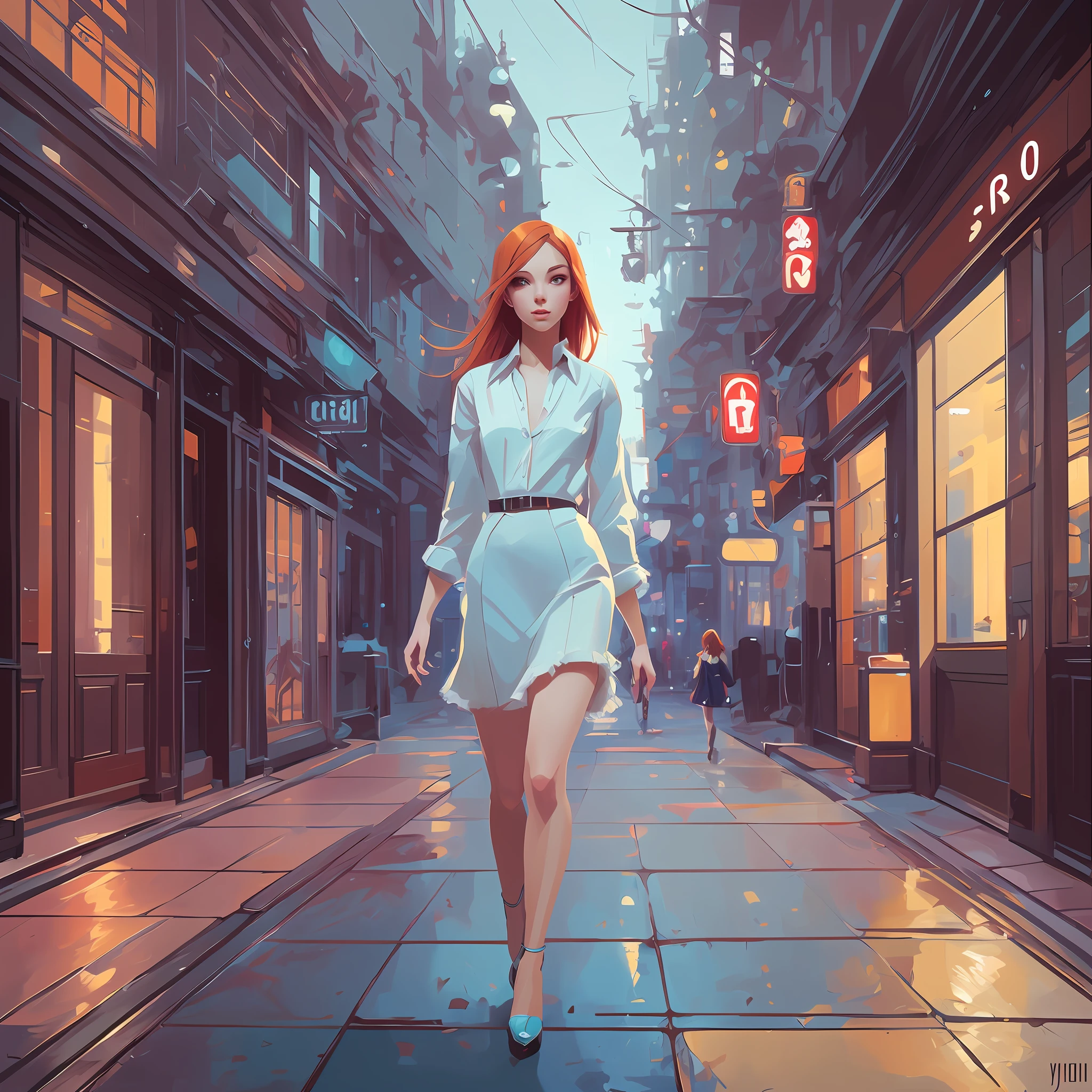 Kunst von Ilya Kuvshinov, Kunst von Jeremy Mann eine ultra süße rothaarige flauschige junge Frau, zu Fuß in der Stadt, ein hyper ultra blasses hellblaues Auge, Kunst von Ilya Kuvshinov, strahlende Haut, durchscheinende Haut