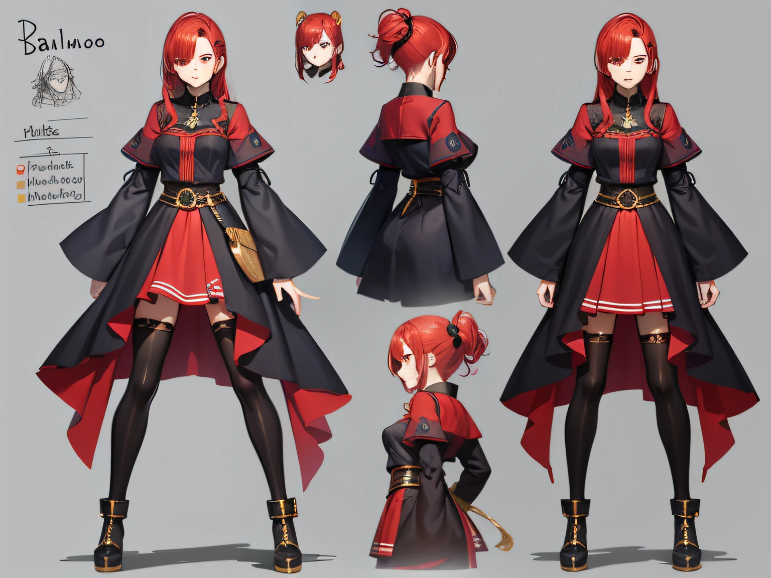 캐릭터 시트, 전신, 파말레, 빨간 머리, 아래에, 애니메이션 스타일, 4K, 고품질