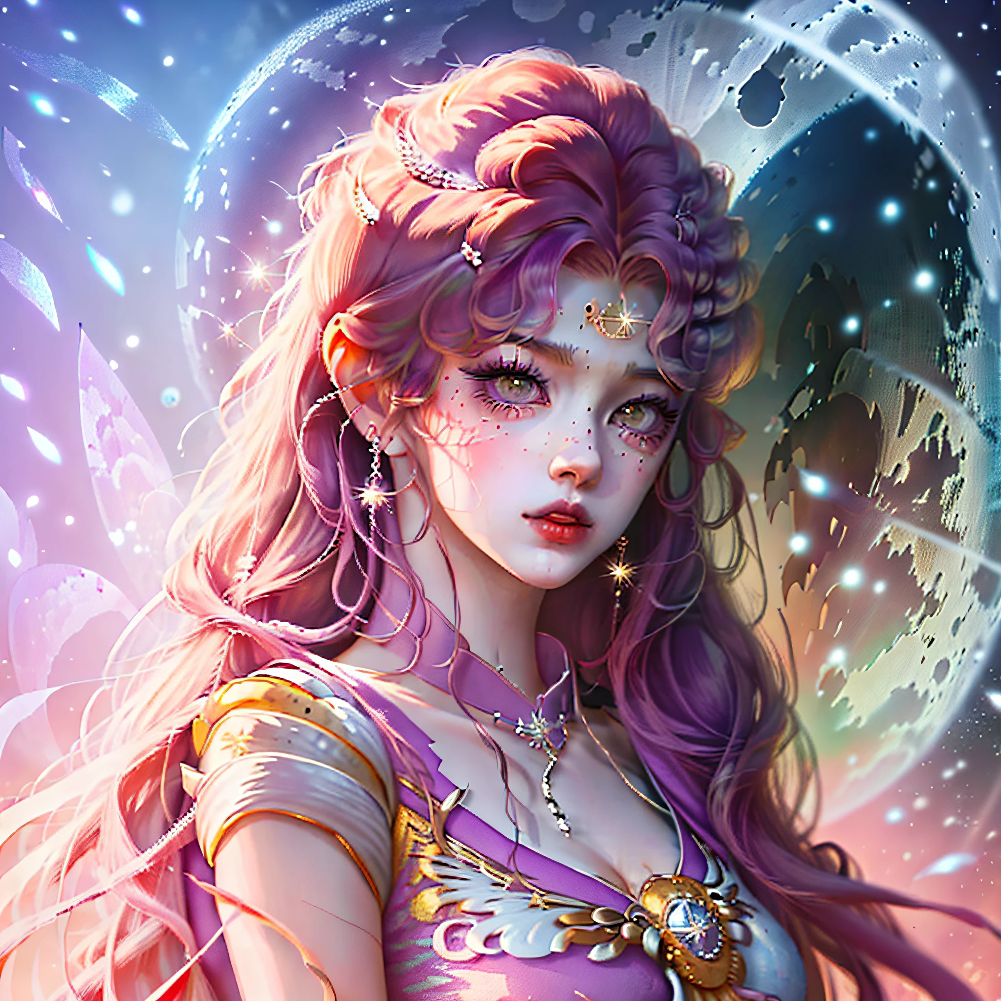 (Style de dessin animé, gros plan du personnage, Belle fille aux cheveux longs, ROBE VIOLETTE, mettre en valeur la structure du visage) + (arrière-plan: Grande Lune) + (portrait complet du corps, Guvez art style, 8k, 12 chevaliers féminins du zodiaque) + (Style manga animé 4K, Marin Lune) + (belle représentation, détails artistiques super détaillés, Guvez art style)