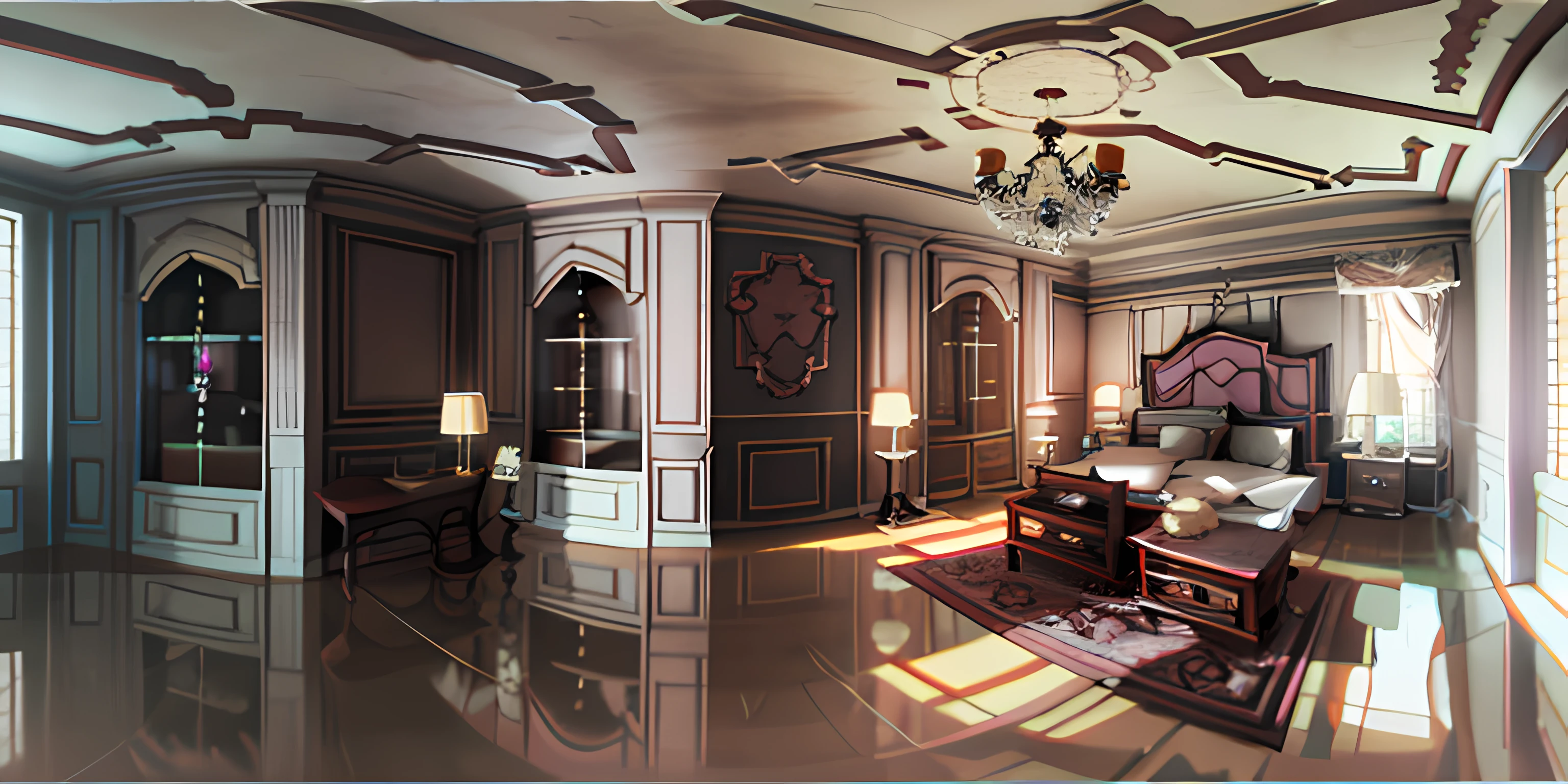 arafed view of a bedroom with a bed and a chandelier, 3 6 0 render panorama, rendered in unreal engine 3d, rendered in 3 dsmax, rendered in vray, rendered in unreal engine 3, rendered in unreal engine 6, rendered in v-ray, rendered with unreal engine, rendered in unreal engine, inside her surreal vr castle, rendered in unreal