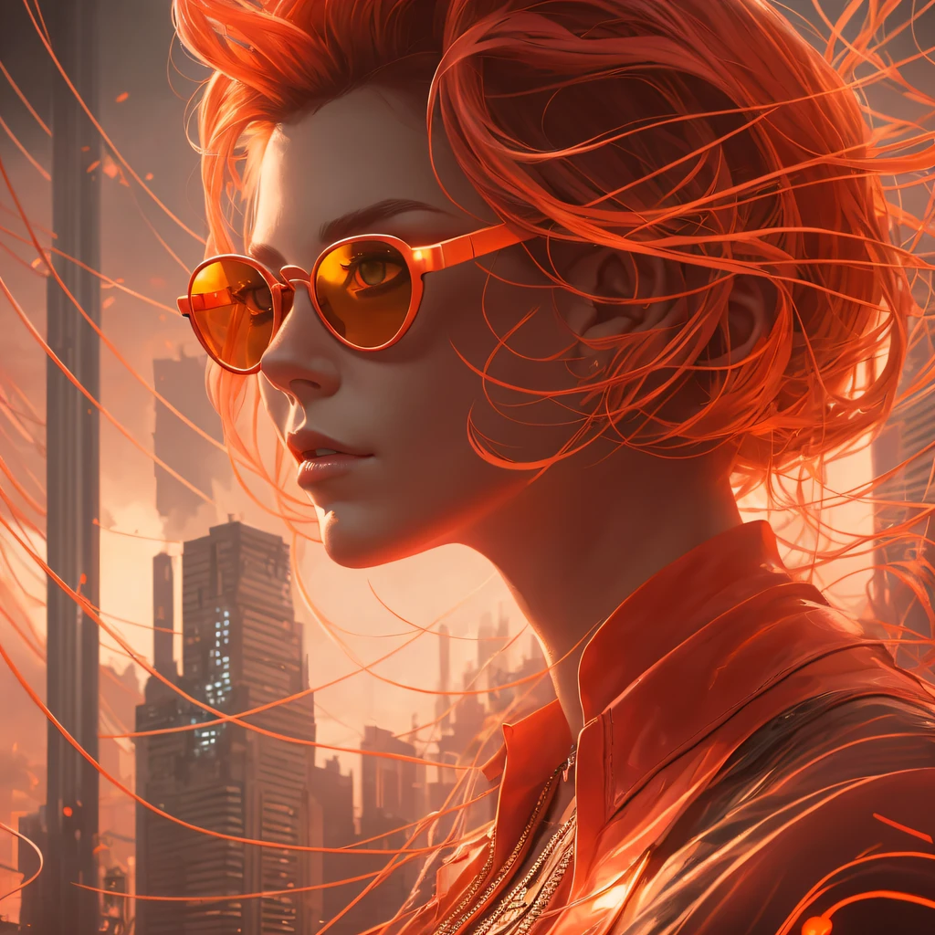 ultra far away, art by Jeremy Mann, ultra real, ultra un-zoomed, perfect body, ultra wide angle full body shot =) ultra warm pink-orange lighting, photo of a pretty cute ginger that stands ultra far away from viewer, ultra slim synth wave fully orange-pink sunglasses, cinematic, insane details, intricate details, hyperdetailed, rubber glow, wearing a glowing rubber cloths, a synth wave city on the background, art by Jeremy Mann, ultra real photo