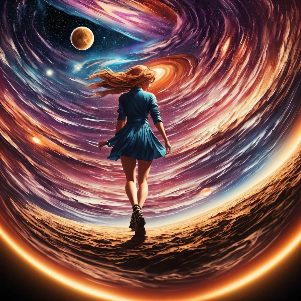 illustration de Léonid Afremov , illustration d&#39;Iliya Kuvshinov, une fille de l&#39;espace marchant sur Jupiter, cinématique, couleurs atténuées, plan sombre, couleurs sourdes, film granuleux, accéder, détails fous, Détails complexes, empreinte cutanée, hyperdétaillé, fermer, Crépuscule, illustration de Mikko Lagerstedt