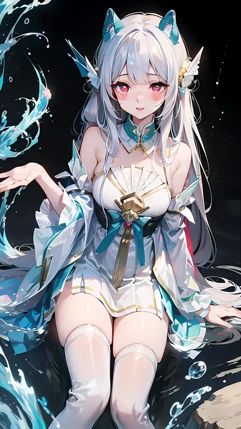 Long head with white hair, cute, red eyes, low cat ears, blushing, vaginal water, making sounds, panting, loli, white stockings, skirt pulled up, leaking out of the lower body