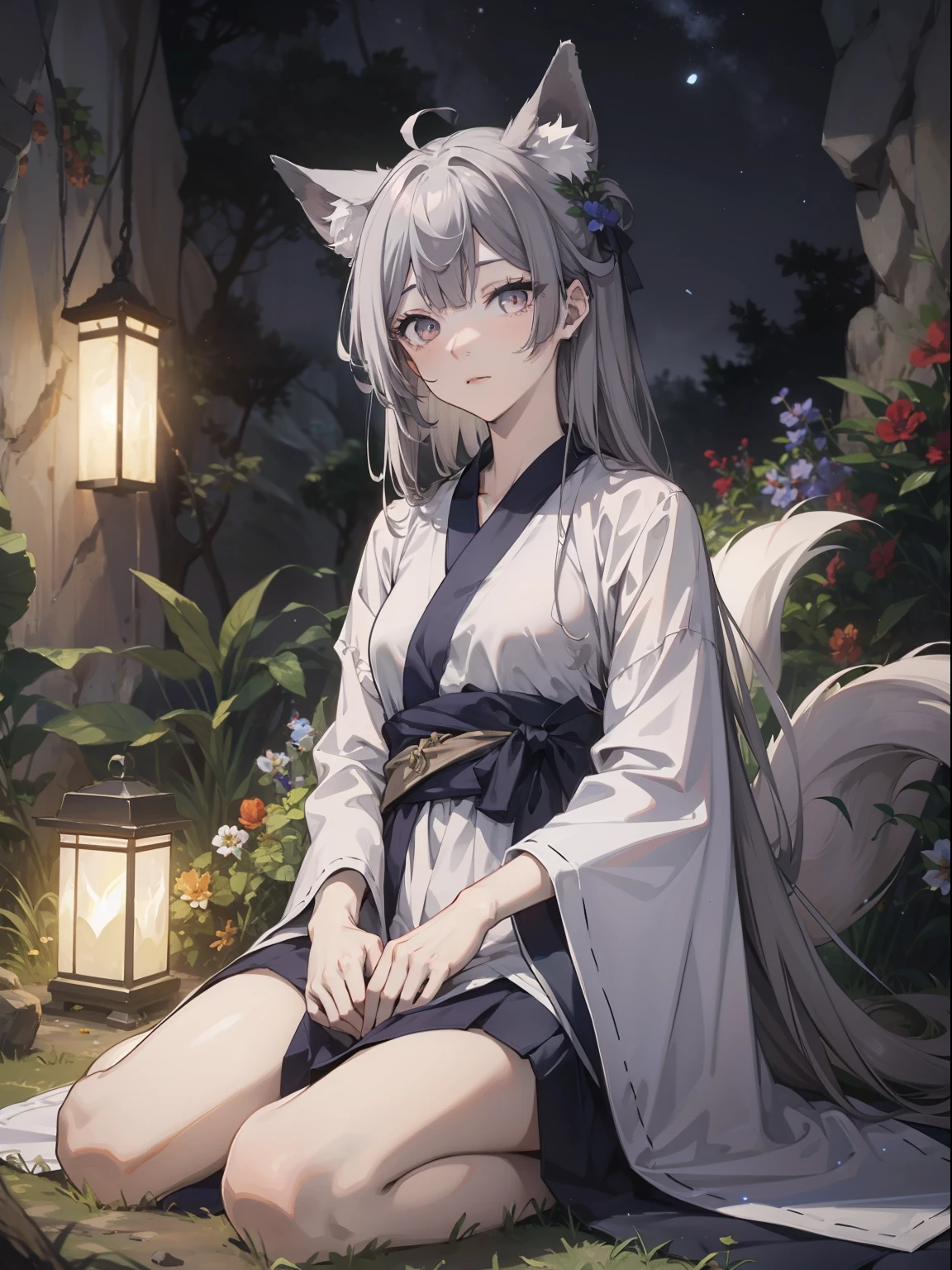 best qulity， Lifelike， 8K， high - resolution， 1girls， fox ear， Weak expression，Medium distribution type，In the cave，Hanfu，sitting on the ground，（Dents in the skin）， 8 tails， （General lighting， Bokeh）， （night-time：1.2），（white gray hair：1.2），