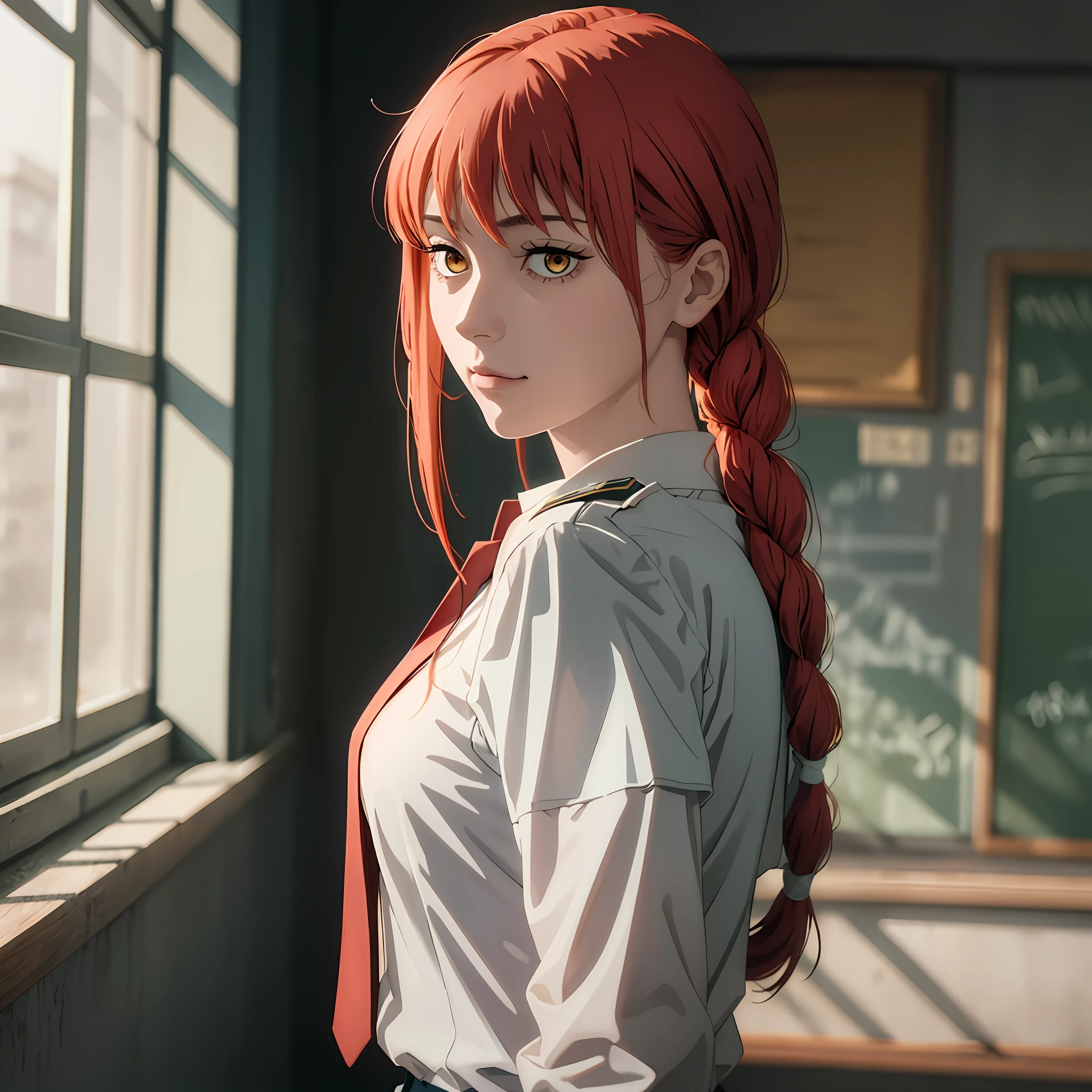 makima \(chainsaw man\), 1girl, red hair, (detailed face:1.3), (school uniform:1.3), tie, long braided hair, closed mouth, medium breasts, ultra realistic, best quality, masterpiece, 8k wallpaper, Amazing, finely detail, light on face, side view, looking at viewer, from behind