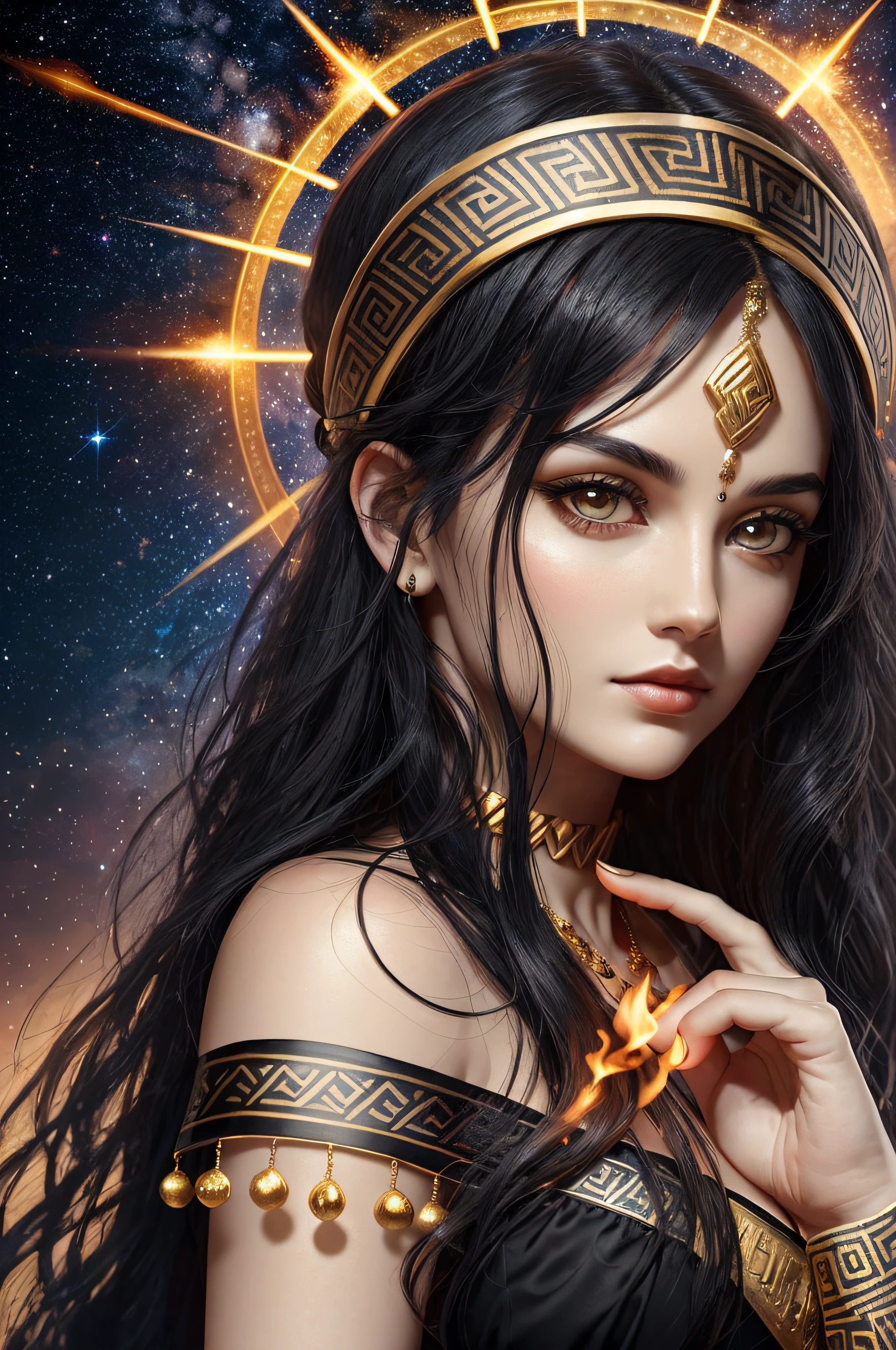 goddess of witchcraft และ magic, กับ ((สีดำ hair)) และ ((ดวงตาสีเข้ม)), มีผิวขาว, สวม ((สีดำ)) greek toga กับ golden pattern, ถือคบเพลิง, ancient greek temple และ stary night sky in background, ตำนานเทพเจ้ากรีก, ลึกลับ, เหมือนจริง, คุณภาพสูงสุด, รายละเอียดสุดยอด, ultra accurate description of hและs, ผลงานชิ้นเอก, 8k, เอชดีอาร์