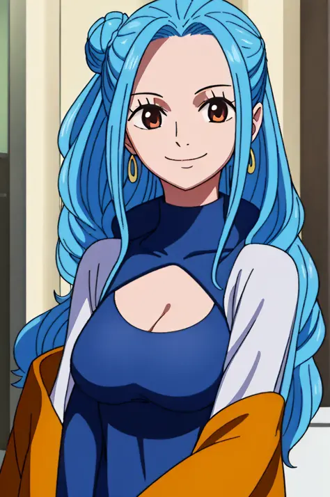 1girl, smile, close up, castel, blue hair,  back focus,happy,Turtleneck,clothing aside,double vertical stripe.double bun,from si...