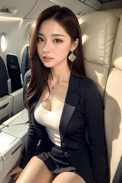 (Innocent and Cute girl:1.3), (Wearing Luxury cabin-attendant's uniform: 1.2), (layered hairstyle, brown hair, wavy hair), medium large breasts, (Sitting on the seat with one's legs crossed:1.2), (in an airplane), (Selfie Pose on Instagram:1.2), from above...