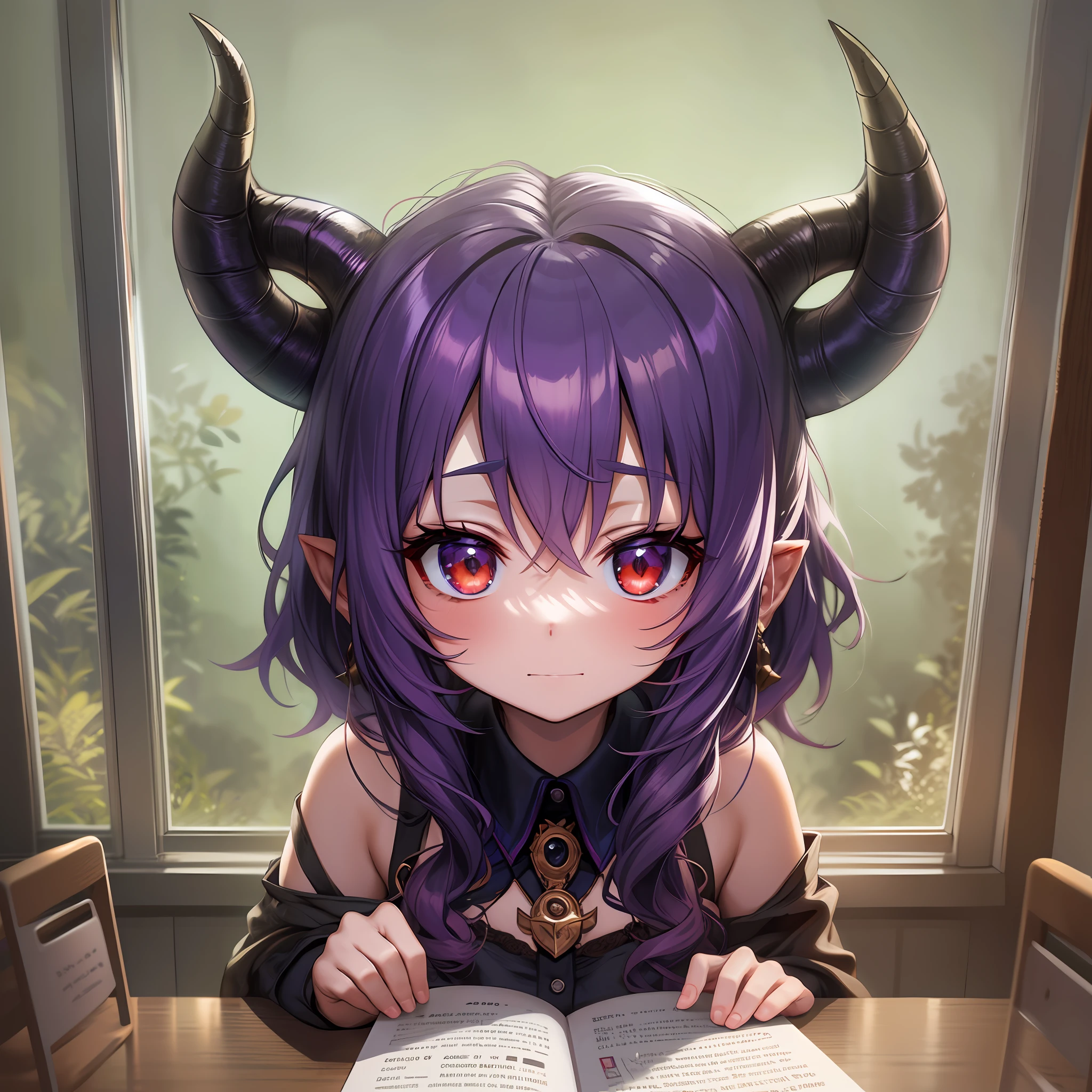 anime girl with horns reading a book in front of a window, demon anime girl, Demon Girl, portrait of demon girl, anime moe art style, mika kurai demon, portrait of a female demon, artwork in the style of guweiz, beautiful succubus, Detailed digital anime art, Anime style 4 K, guweiz on pixiv artstation