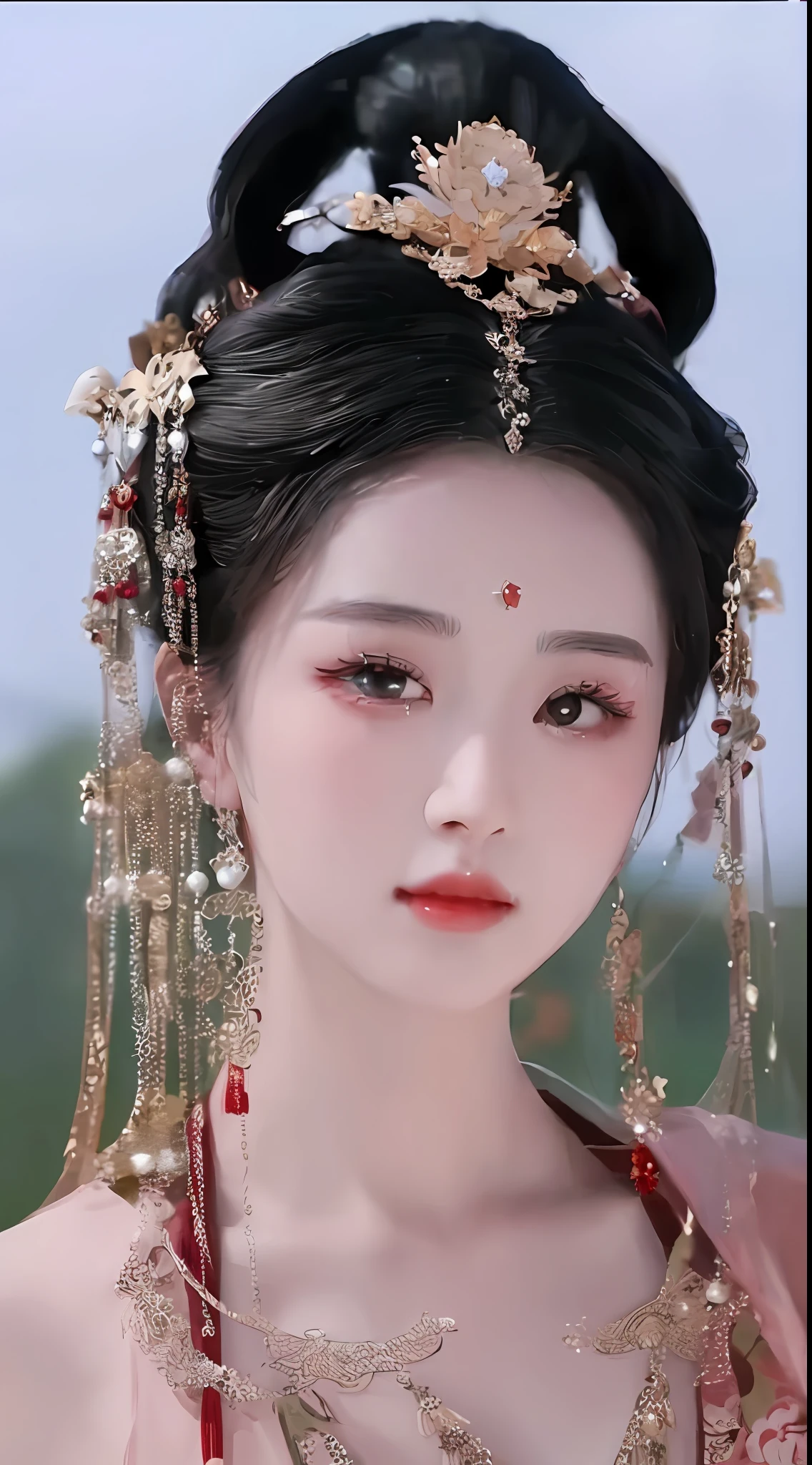 머리 장식과 드레스를 입은 여성의 클로즈업, 중국 공주, 아름다운 환상의 황후, 전통미, ancient 중국 공주, ((아름다운 환상의 황후)), 중국 스타일, 고대 중국의 미인, 중국어 번체, 궁전 ， 한푸의 소녀, 당나라의 아름다운 렌더링, Du Qiong에게서 영감을 받은 작품, 시안샤, 루안지아 예쁘다!