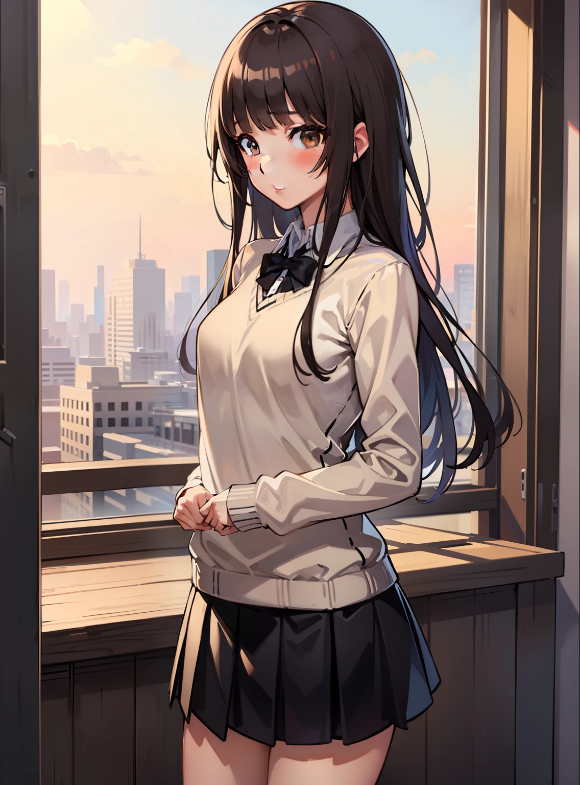 ((Masterpiece,Best Quality)), high - resolution, High resolution, depth_De_nobara, Cowboy Shot, 独奏, 1girls, KR1, Brown eyes, Long hair, Blunt bangs, kibito high school uniform, sweater, Pleated skirt, socks, Small breasts, crass room,