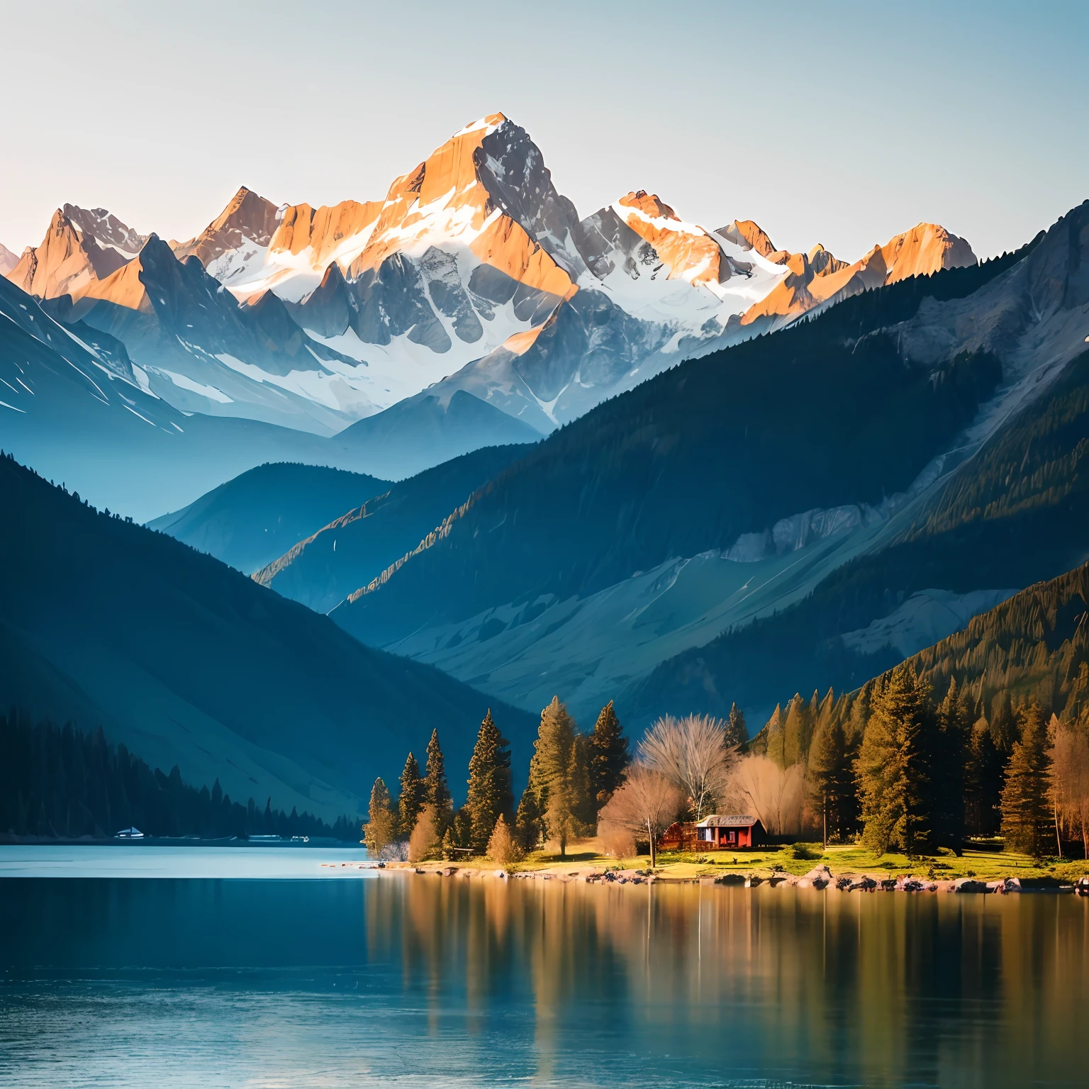 Nice view，The mountains are not high，Turquoise meadows，A small house on the water's edge，Peaceful picture，The calm surface of the water reflects the mountains in the distance，high qulity，8K --auto