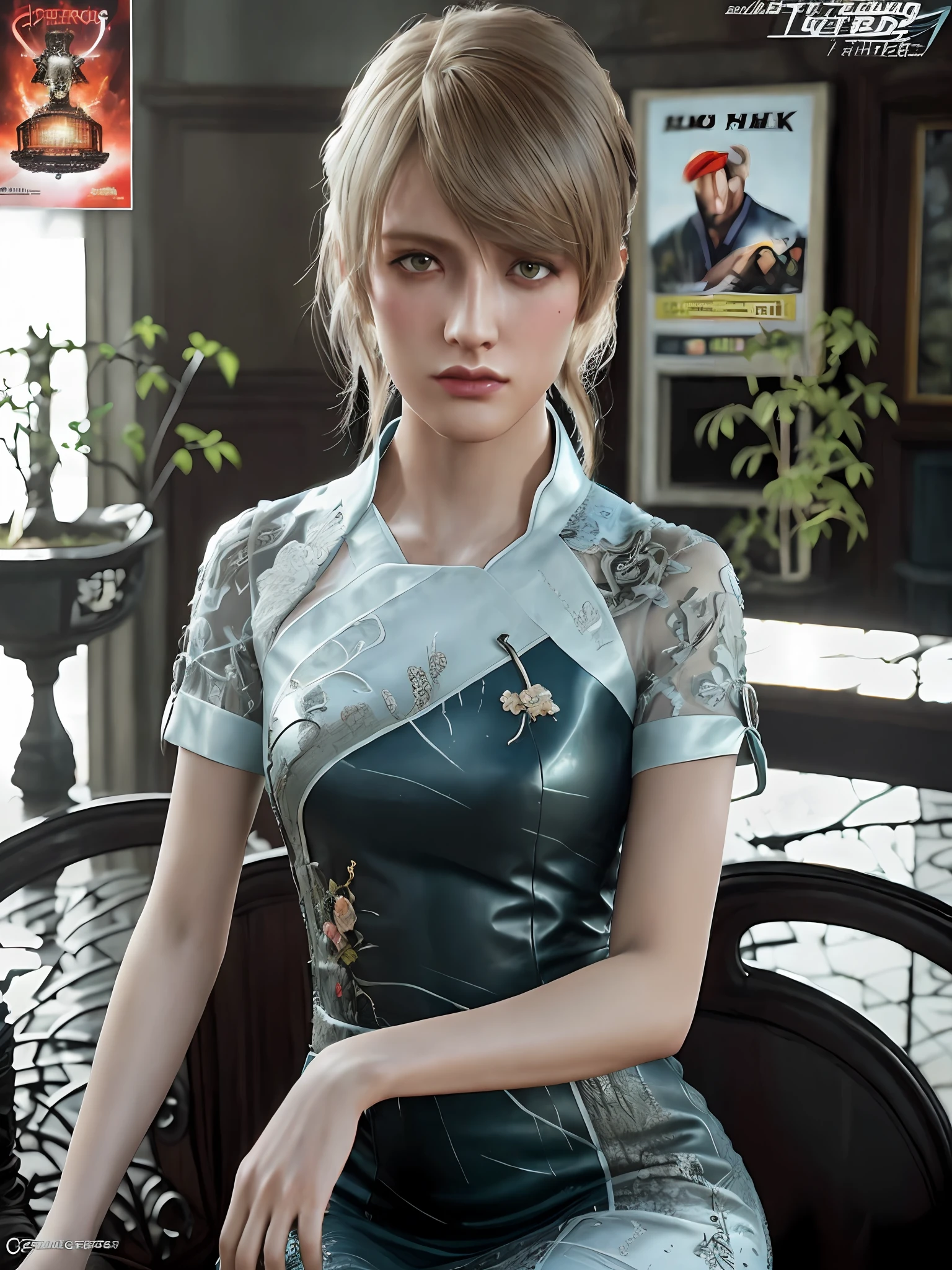 Mackenzie Davis from Blade Runner 2049, sits on a chair, (high-tech interior style and futurism), (poster:1.2), poster on wall, movie poster, (portrait), ((chinise qipao dress)), ((digital artifacts)), 
( japanese rock garden and pond, bonsai), (movie poster),
((ultradetaled skin texture)), intricately detailed, fine details, hyperdetailed, raytracing, subsurface scattering, diffused soft lighting, shallow depth of field, by Oliver Wetter
rending on CGSociety, Intricate, High Detail, Sharp focus, dramatic, photorealistic painting art by ((greg rutkowski))