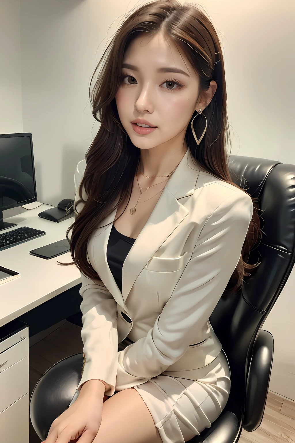 (Innocent and Cute girl:1.3), (Wearing Luxury business suit: 1.2), (Pleated skirt:1.2), (layered hairstyle, brown hair, wavy hair), medium large breasts, (Sitting on the Office chair with one's legs crossed:1.4), (in a office), (Selfie Pose on Instagram:1.2), from above, BREAK, (Masterpiece: 1.3), (Maximum resolution: 1.2), (Ultra HDTV: 1.2), Cinema Light, Ultra HDTV, (Detailed eyes and skin:1.2), (Detailed facial features), HDR, 8k resolution, Sharp focus: 1.2, Perfect style, Beautiful face, beautiful legs, accurate, anatomically correct, Highly detailed face and skin texture, Detailed eyes, Brown eyes, Double eyelids, Thin eyebrows, Glitter Eyeliner, Natural cheeks, fair skin: 1.2, earrings, without a shiny small necklace, (Glossy lips: 1.4),