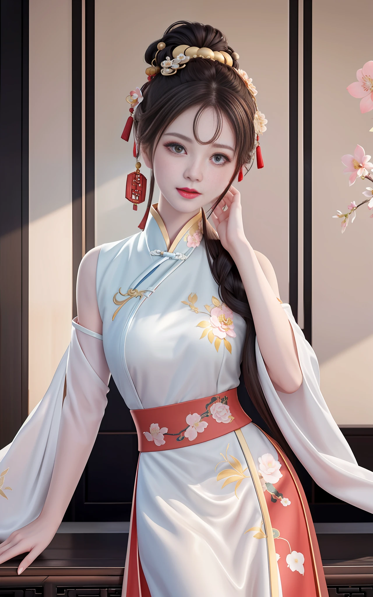 Need,The Masterpiece,high - resolution,1girl,Blushlush,(Seductive smile:0.8),starpupil,Chinese shoulder suction red Hanfu,hair ornament,gargantilha,jewelry,beauty face,on_body,Tindal Effect,lifelike,Shadow Room,Light edges,Two-tone lighting，（High Detail Skins：1.2），8k uhd，Slr，softlighting，in high quality，Volumetriclighting，Candid camera，photograph of a，high - resolution，4k，8k，Antique bust photo in the background: A girl about 22 years old，Perfect composition，Precise and perfect human anatomy，Golden ratio creation，Surreal and realistic。Detailed skin details，faired skin，with shiny skin，Creamy glowing skin，Skin that is white and red。Exquisite depiction of facial features，Perfect makeup，Detailed depiction of the face，Clean and flawless face。A sweet smile，Smile without showing your teeth。Extremely detailed depiction of hair，Long black hair，Hair coiled，Tying Up Hair，High bun，The wind blew away the hair。Eyebrows upturned，long eyelash，Double eyelid。Affectionate eyes，large bright eyes，Sweet with lying silkworms。High nose bridge。Thin lips，Pink lip gloss，Straight teeth。Exquisite clavicle。Delicate pendant，ear ring。Perfect tall figure，Get it all together，Long legs and thin waist，Skinny beauty，Can't be too thin。Straight chest，medium boobs。Keep your head up and your chest up，Look ahead，Face the lens，Stand。Ancient architectural background(((Chinese style new Chinese ink floral dress)))，Bust photo