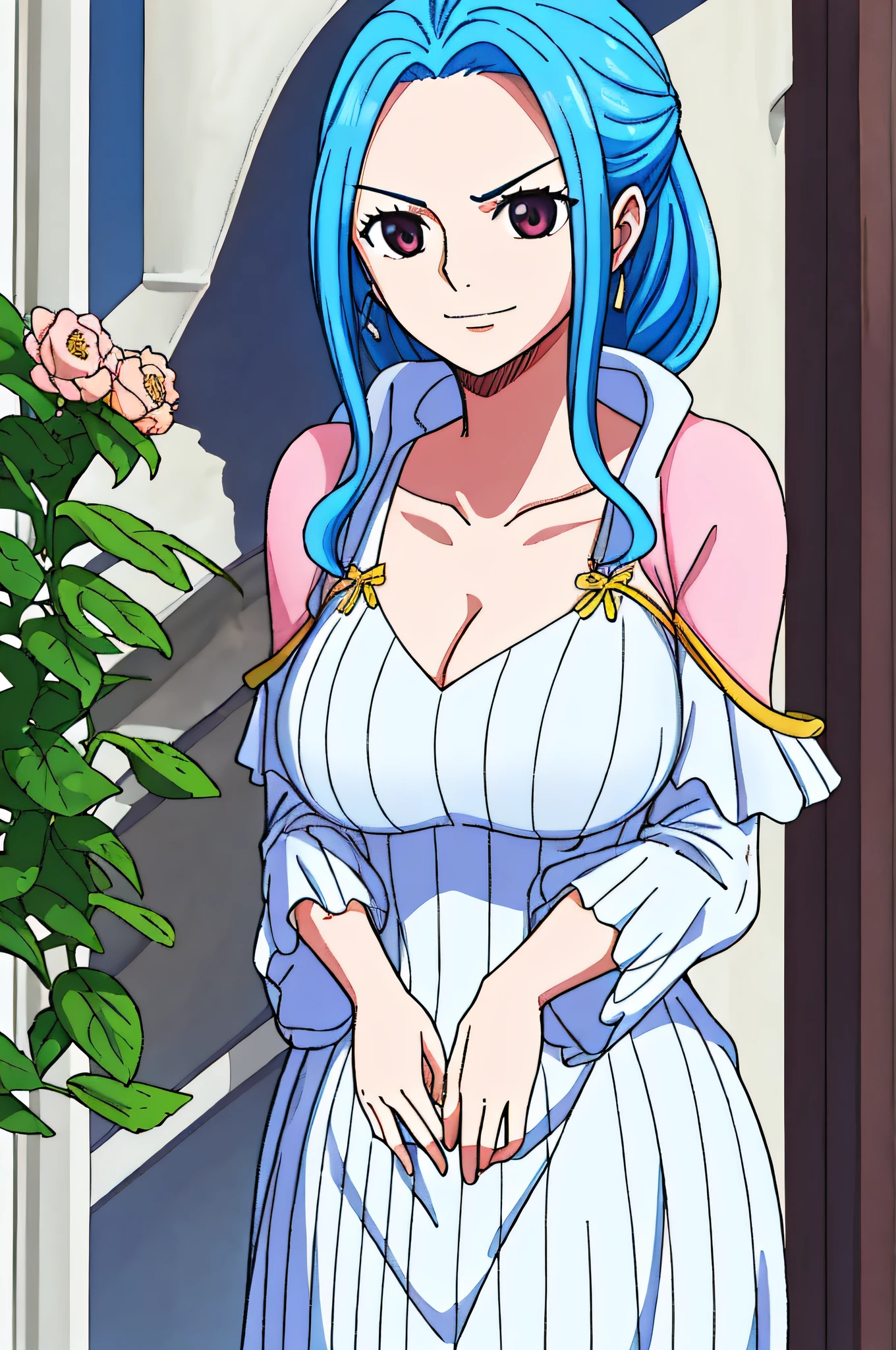 1girl, smile, close up, castel, blue hair,  pectoral focus,frown,flower trim,undressing,pinstripe pattern.bow-shaped hair,dutch angle,hands between legs,