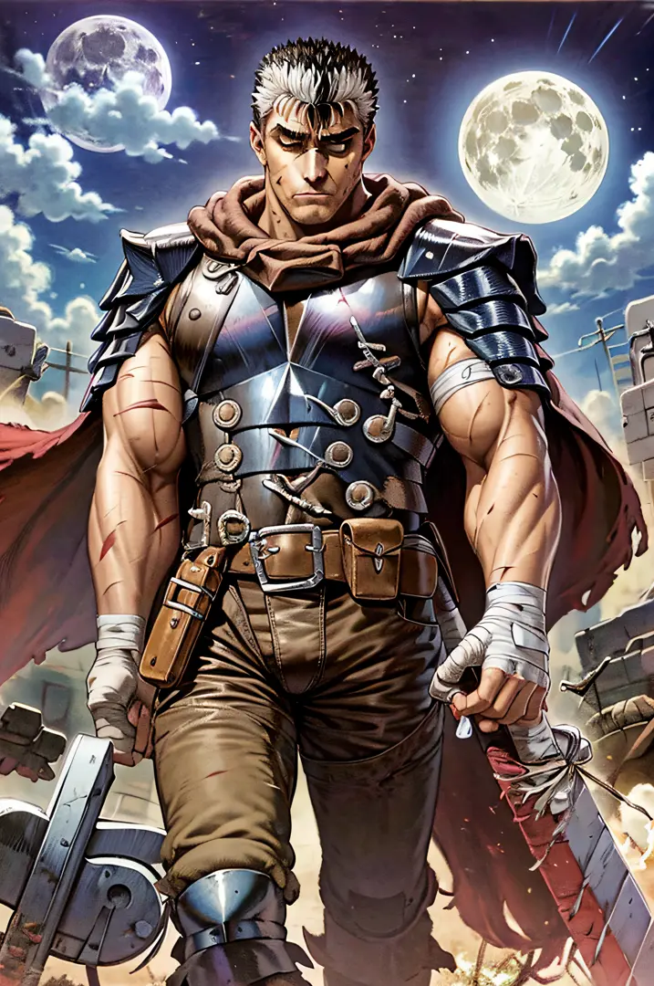 masterpiece, best quality, highly detailed, guts \(berserk\), 1boy, armor, bandages, black hair, cape, full moon, huge weapon, m...