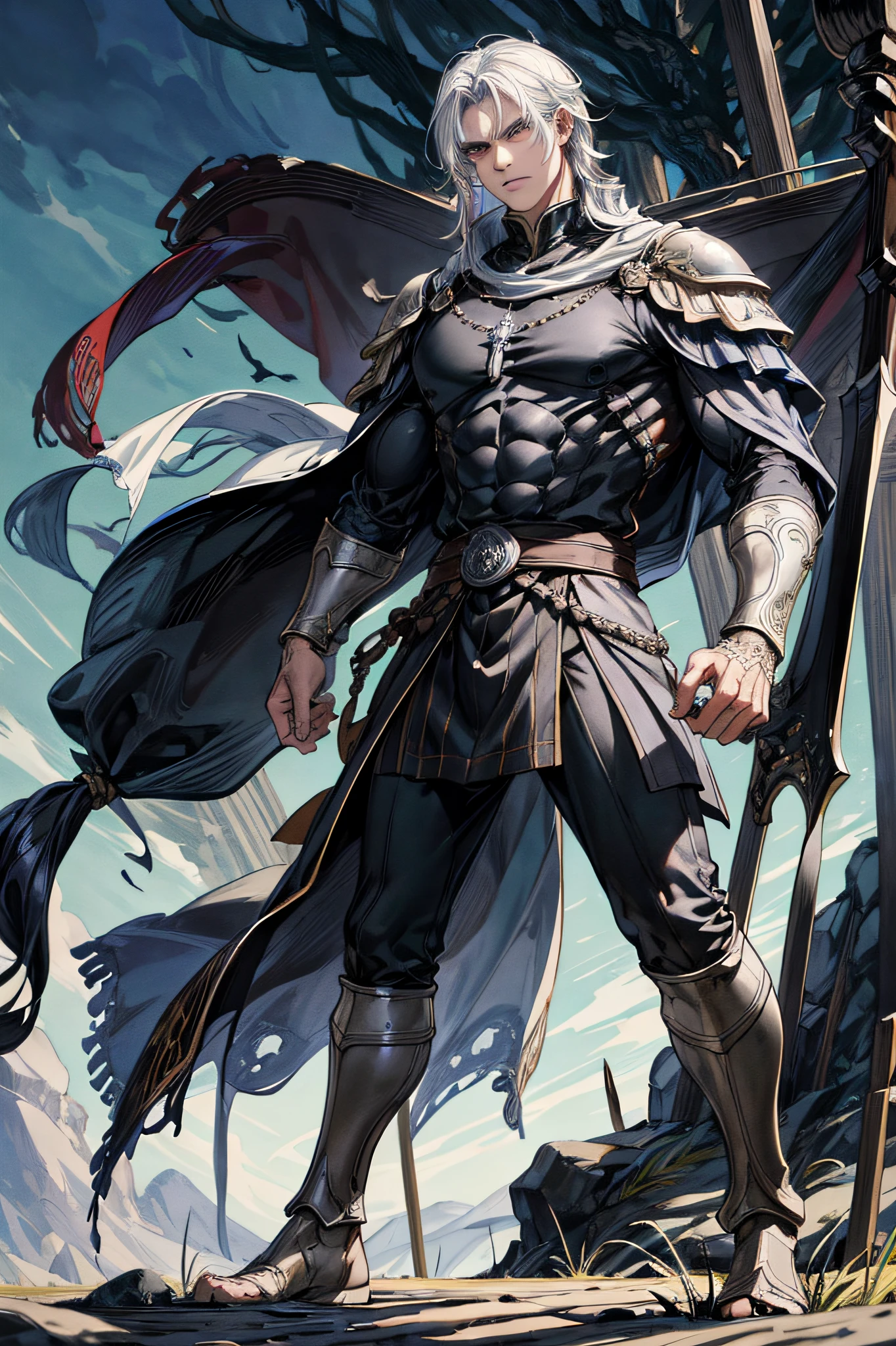 masterpiece, best quality, highly detailed, guts \(berserk\), 1boy, armor, bandages, black hair, cape, full moon, huge weapon, male focus, manly, moon, multicolored hair, one eye closed, scar, solo, sword, weapon, white hair