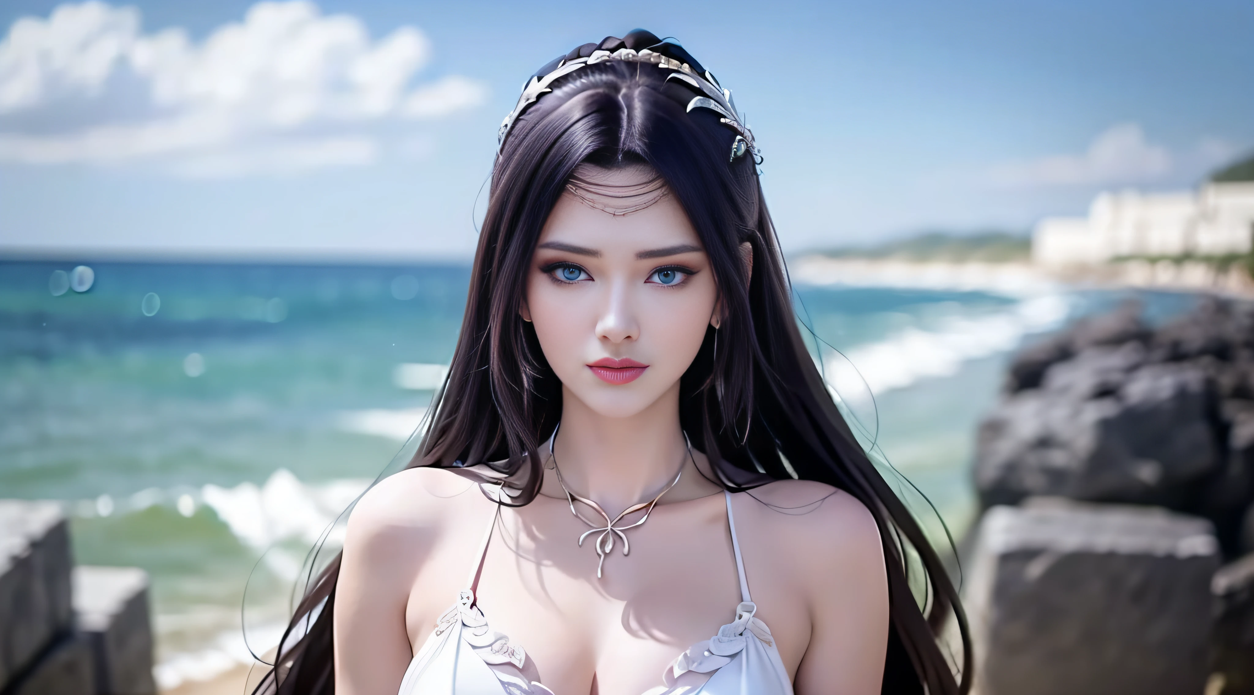 best qulity，The Masterpiece，anextremely delicate and beautiful，greatly detailed，CG，unified，8k壁紙，beautiful detailedgirl，（very detailled face），beautiful detail eye， 1girls，独奏，blur backgroun，half-body，at the sea，in a bikini，The chest is huge