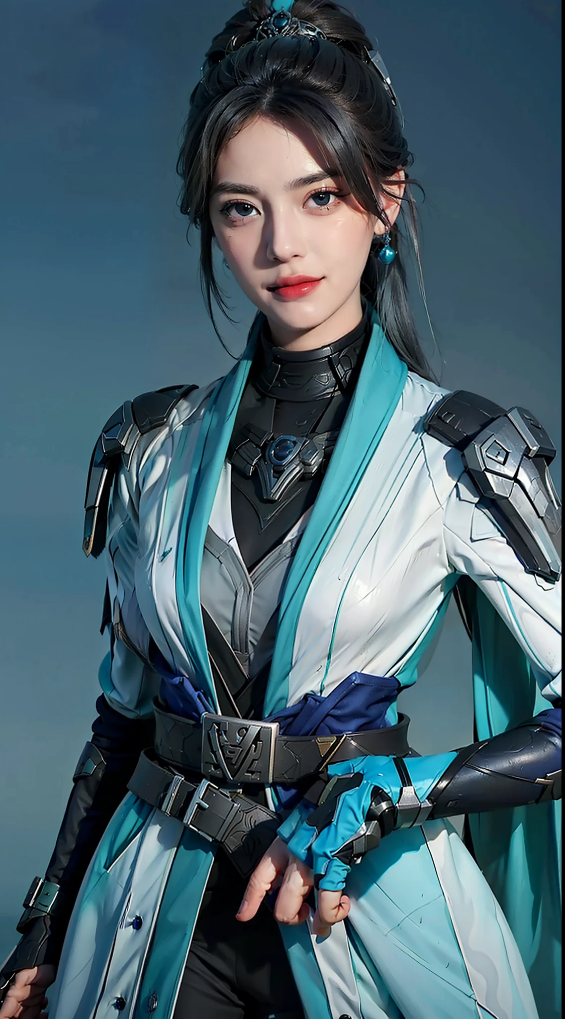 （Medium head） Perfect face， beatutiful face， extemely detailed eyes， beautifull eyes， medium eyes， Sexy posture， standing alone， 1girls，Smile with，bluehair， best possible quality， The Masterpiece，hair ornament， mitts，flegs， perfect litthing，《Intrepid Covenant》Style of play，Sage