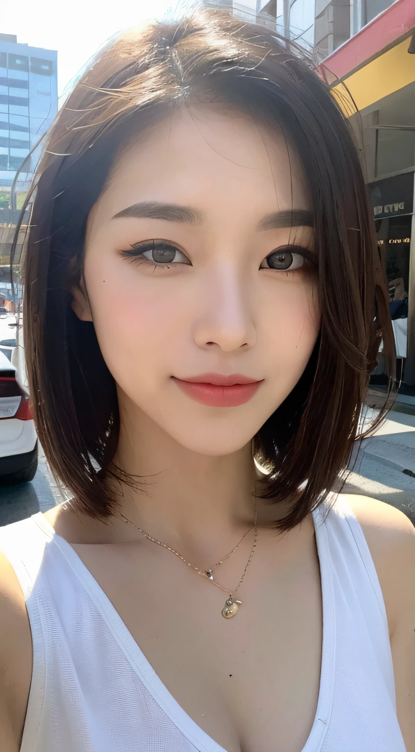 ((top quality, 8k, masterpiece: 1.3)), sharp focus: 1.2, (realistic, photorealistic: 1.37), perfect beautiful woman, highly detailed face and skin texture, detailed eyes, double eyelids, small smile, bob cut swaying in the wind, small bust, small necklace, white sleeveless, upper body, strong sunlight, afternoon city street,