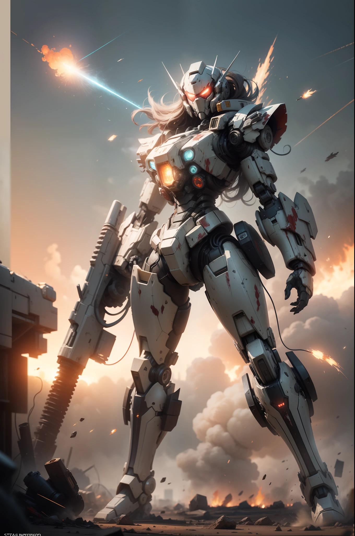 Look up at the perspective，（Digital artwork：1.3）（a sketch：1.1）Octane renders a wasteland，Swirling thick clouds，smog，Flying machines in the sky fierce battle，weed，Dilapidated houses，macadam，Sunset，in crimson red，（（A girl in a combat uniform stood in front of the badly damaged and broken mech）），（（The girl's long messy hair fluttered，Blood，Close-up of the）），（Stubborn），（Steadfast），（There is blood at the corner of the mouth），（Messy long hair flying），（（（The mech was spattered with blood））），（Mars splashes），（（Broken upper body mech，Dropped mech fragments）），（Exposed wires），（（Mecha is depicted finely）），（（（ultra fine））），Shoot at 8K resolution，Gasoline liquid，firelight，Missiles streaked across the sky，weeds，macadam，exploding，splash arts，（（Dynamic speed lines：1.2）），Lithography in intricate details，dongh（Light particles：1.2），（game concept：1.3），（deep of field:1.3),Global illumination,well detailed，Trends on ArtStation，Epic shooting，Cinematic lighting