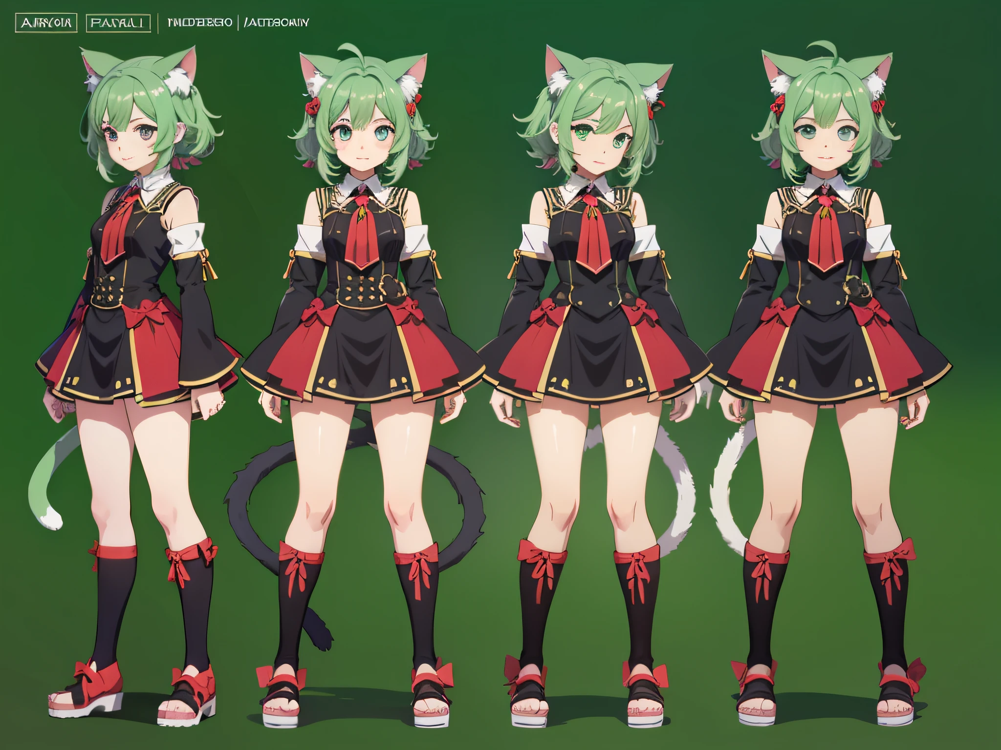 Character Sheet, full-body, famale, green haired, anime, anime style, cat ears, tail, 4k, high quality