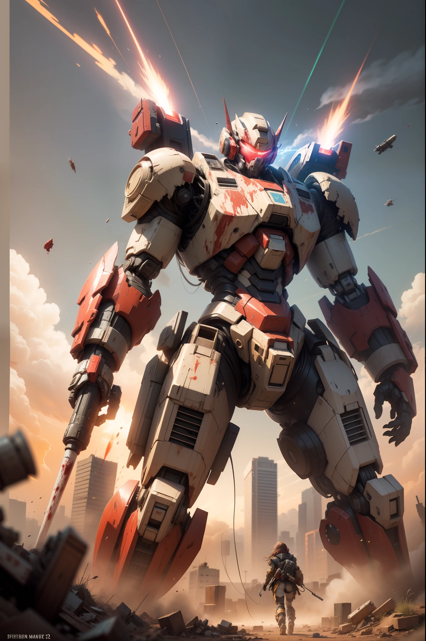 Look up at the perspective，（Digital artwork：1.3）（a sketch：1.1）Octane renders a wasteland，Swirling thick clouds，smog，Flying machines in the sky fierce battle，weed，Dilapidated houses，macadam，Sunset，in crimson red，（（A girl in a combat uniform stood in front of the badly damaged and broken mech）），（（The girl's long messy hair fluttered，Blood，Close-up of the）），（Stubborn），（Steadfast），（There is blood at the corner of the mouth），（Messy long hair flying），（（（The mech was spattered with blood））），（Mars splashes），（（Broken upper body mech，Dropped mech fragments）），（Exposed wireecha is depicted finely）），（（（ultra fine））），Shoot at 8K resolution，Gasoline liquid，firelight，Missiles streaked across the sky，weedacadam，exploding，splash arts，（（Dynamic speed lines：1.2）），Lithography in intricate details，dongh（Light particles：1.2），（game concept：1.3），（deep of field:1.3),Global illumination,well detailed，Trends on ArtStation，Epic shooting，Cinematic lighting