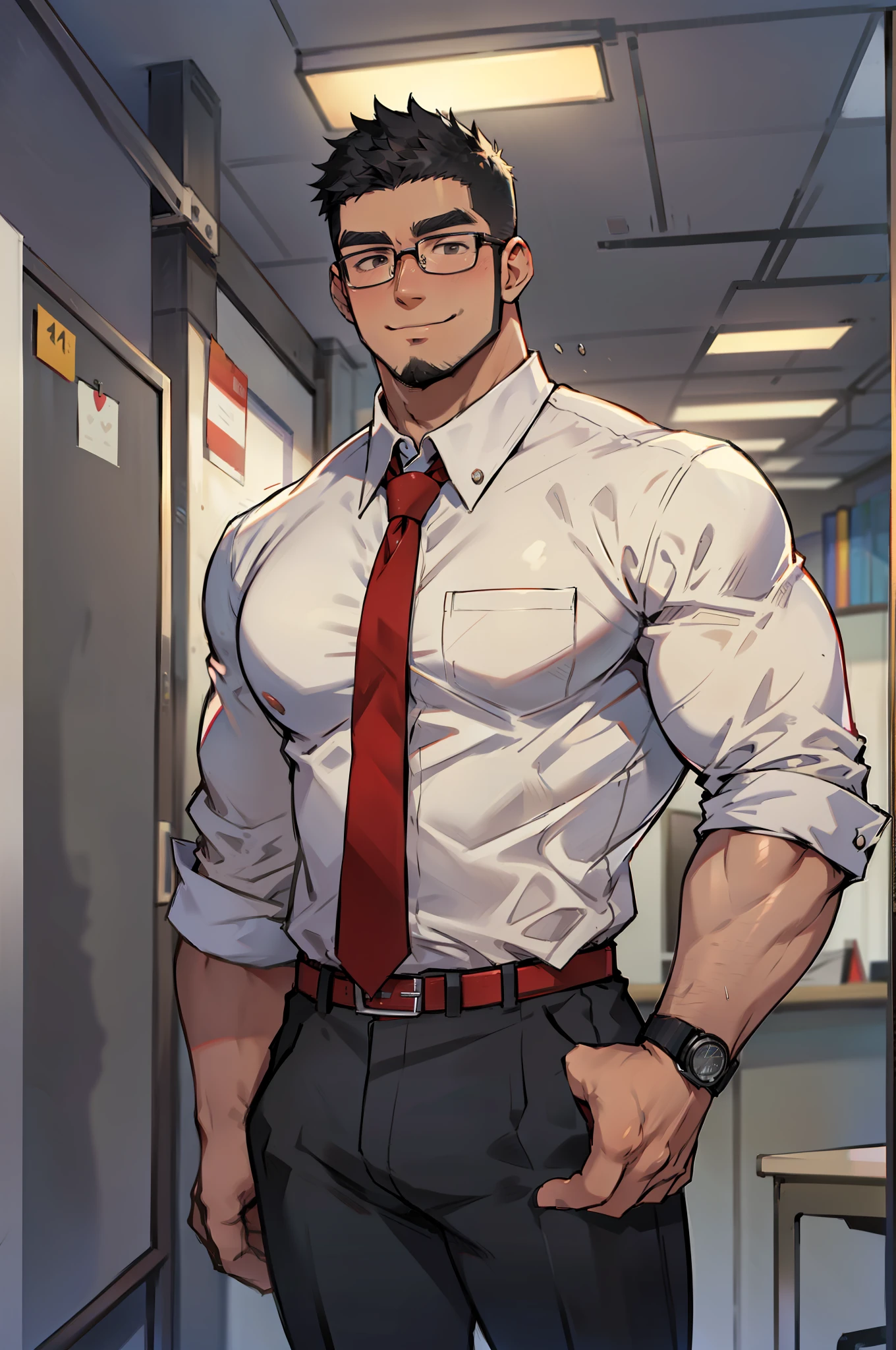 4k, masterpiece, high resolution:1.2, 1 man, 42 year old, solo, bara, muscular!!!, really tall, big physique (beast), crew cut hair, facial hair, black hair, cute smile, friendly, standing in an office, wearing formal trousers, wearing plain formal office shirt, wearing red tie, tidy outfits, wearing glasses, upstairs office in the background, ultra detailed, flat style, center