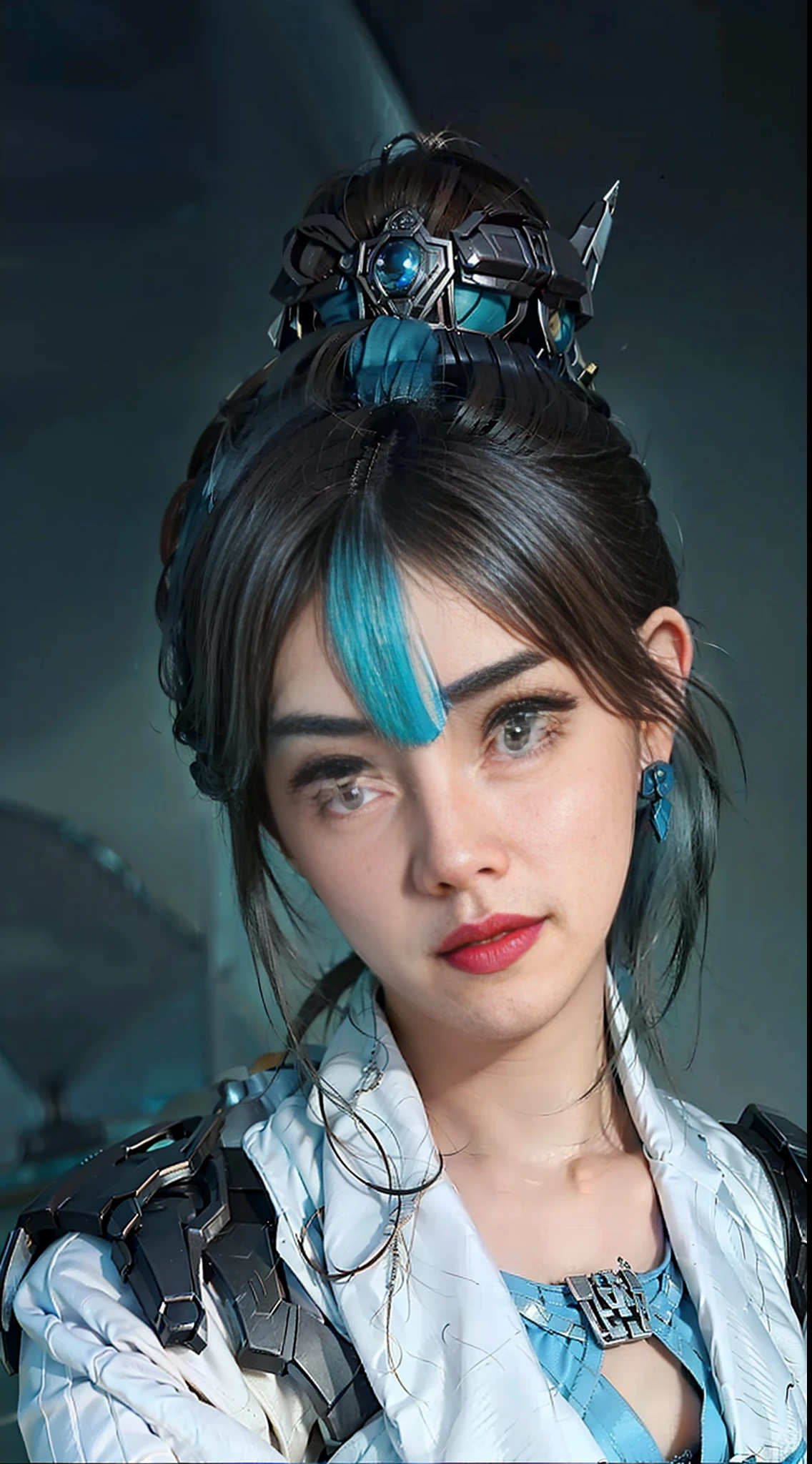 （Medium head） Perfect face， beatutiful face， extemely detailed eyes， beautifull eyes， medium eyes， Sexy posture， standing alone， 1girls，Smile with，bluehair， best possible quality， The Masterpiece，hair ornament， mitts，flegs， perfect litthing，《Intrepid Covenant》Style of play，Sage