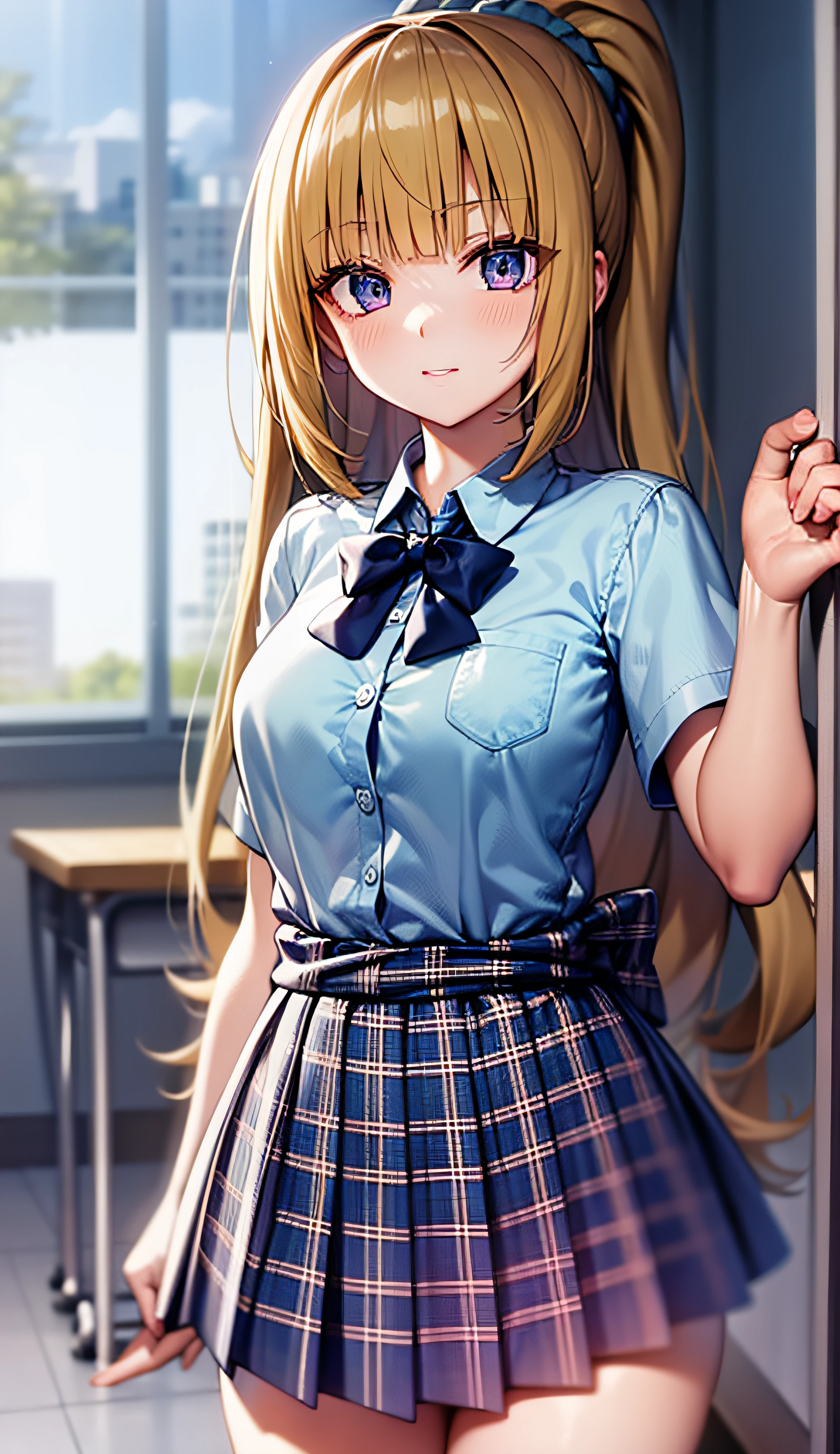 keikaruizawa, kei karuizawa, long hair, bangs, blunt bangs, (purple eyes:1.1), blonde hair, shirt, hair ornament, ponytail, scrunchie, blue scrunchie, 
BREAK skirt, shirt, bow, school uniform, pleated skirt, bowtie, sweater, (blue bow:1.2), white shirt, (clothes around waist:1.2),
BREAK indoors, classroom,
BREAK looking at viewer, BREAK (masterpiece:1.2), best quality, high resolution, unity 8k wallpaper, (illustration:0.8), (beautiful detailed eyes:1.6), extremely detailed face, perfect lighting, extremely detailed CG, (perfect hands, perfect anatomy),