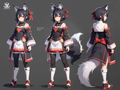 Character Sheet, full-body, famale, tall, black haired, anime, anime style, wolf ears, wolf tail, 4k, high quality