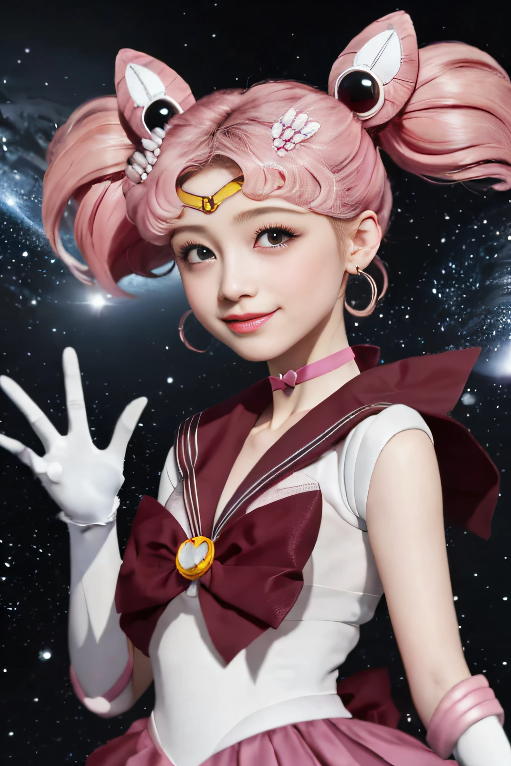 ((HD Real、Sama 1 Level)), Extreme Real, masterwork, maximum quality, Highresolution, SAMA1, space, stunning beauty, Upper body photo、1 Little Girl、s chest、gloves、s lips、独奏、Sailor Chibi Moon、Red eyes、SM Uniform、Mer1、tiara、Sailor Senshi Uniform、(RAW Photography、maximum quality)、masterwork、Floating pink twin tails、Pink sailor color、bow、choker、white gloves、Pink choker、Elbow Gloves、jewelries、ear ring、Pink skirt、sole、full - body、Pink hair、(perfect hand):3.8、Rendu octane、moon goddess、 (close up front:1.2)Beautiful eyes with fine details、close up front、Small eyes、lookind at viewer、to8contrast style、Octane line art、Space background、kk、Light Effects、Pink、Children's smile、Lowered hand