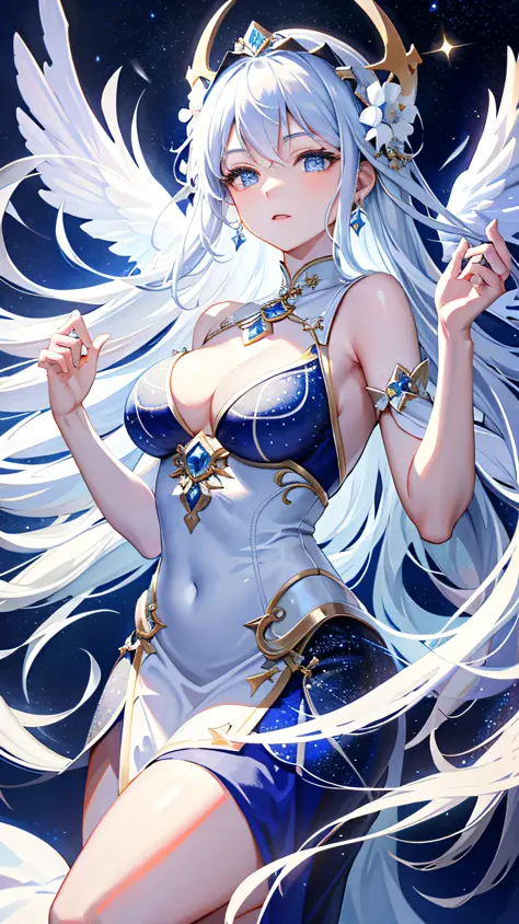 Sexy and super petite girl with white hair and super beautiful blue eyes, Super tender and super lovely eyes, with perfect anatomy using a white and gold leotard, a bun in the hair, Cola de caballo alta, White socks with violet bow and tight white gloves, ...