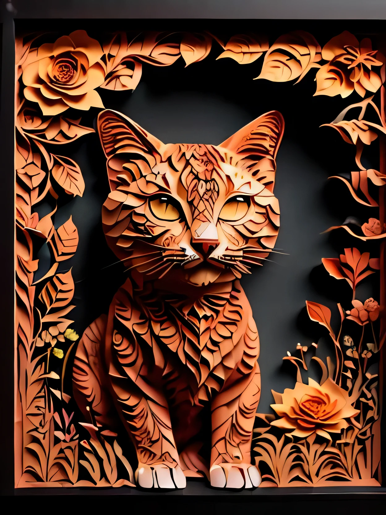 masterpiece, best quality,
RAW photo,cat, (high detailed skin:1.2), 8k uhd, dslr, soft lighting, high quality, film grain, Fujifilm XT3,
regal, fractal, 3d depth, intricate designs, delicate patterns, shadowbox frame, silhouette, kirigami, scherenschnitte,
jianzhi,