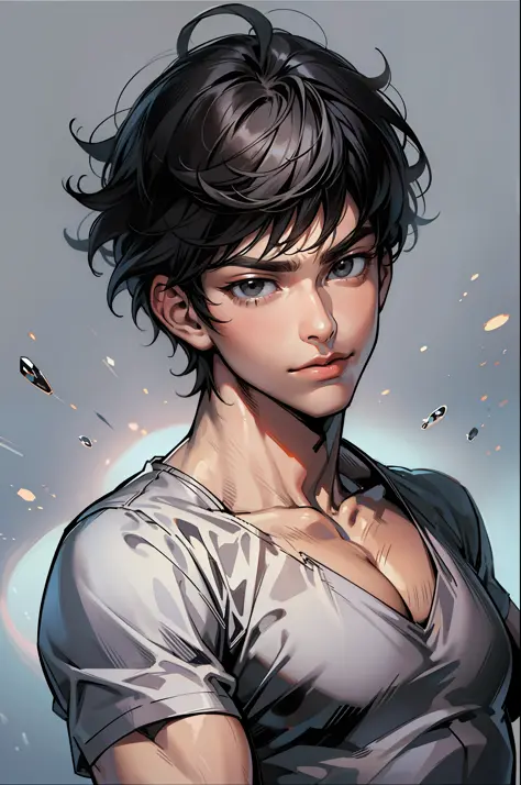 The Masterpiece, beste Quality, 1boy, Asiatic, portrait of a, black hair, with short hair, black eyes, muscles, mercenary, upper-body, gray shirt, Simple background