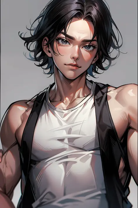 The Masterpiece, beste Quality, 1boy, Asiatic, portrait of a, black hair, with short hair, black eyes, muscles, mercenary, upper-body, gray shirt, Simple background