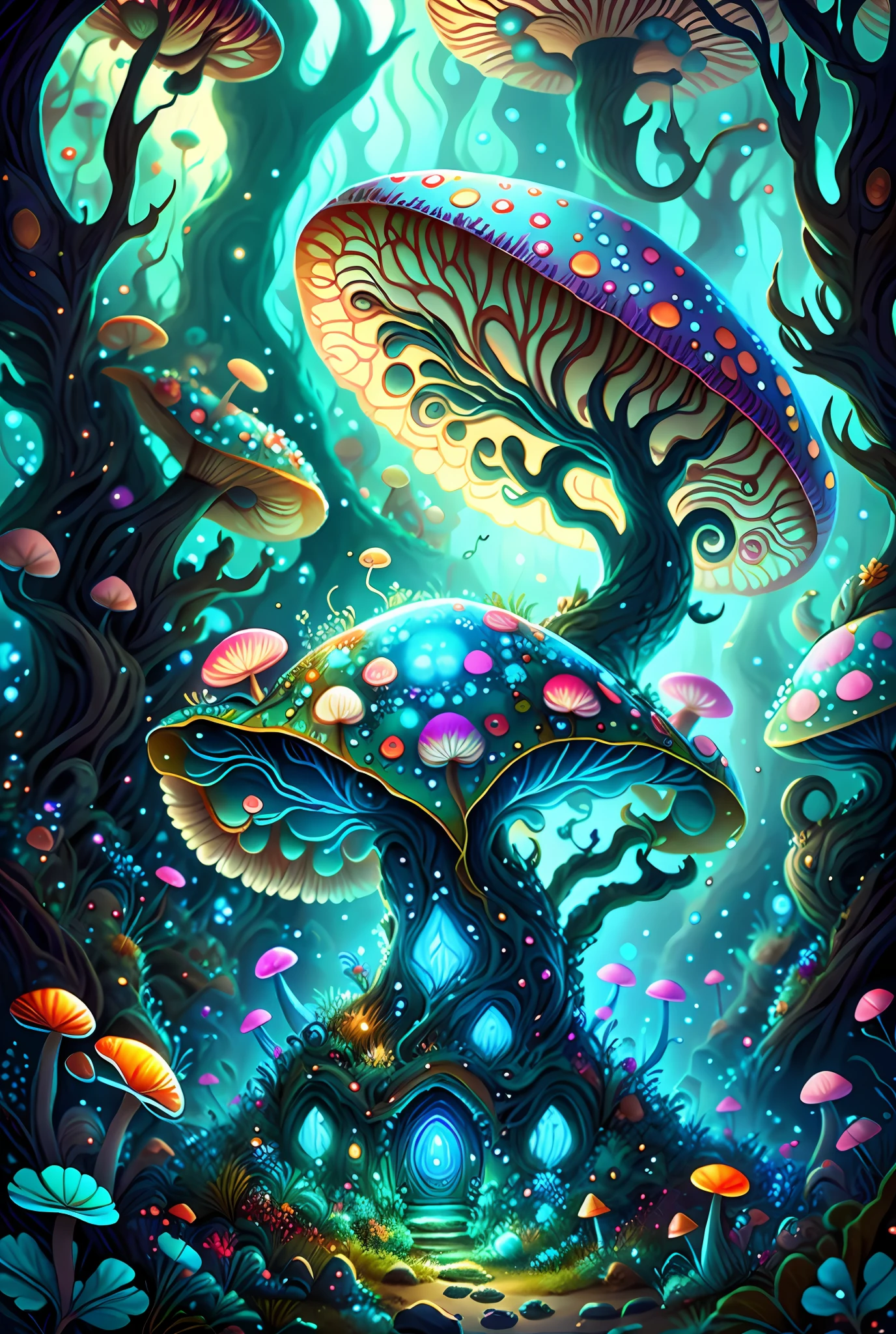 there is a painting of a fantasy mushroom forest with a dragon, detailed digital 2d fantasy art, detailed fantasy digital art, Arte digital 4K altamente detallado, digital 2d fantasy art, hongos azules brillantes, psychedelic mushrooms dream, Ilustraciones de fondo, Arte digital detallado 4K, magic mushrooms, Hongos azules brillantes en el fango, magic mushroom, Bosque de hongos, colorfull digital fantasy art