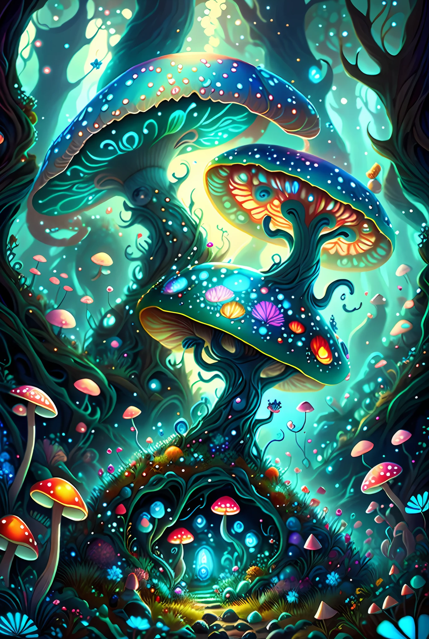 there is a painting of a fantasy mushroom forest with a dragon, detailed digital 2d fantasy art, detailed fantasy digital art, Arte digital 4K altamente detallado, digital 2d fantasy art, hongos azules brillantes, psychedelic mushrooms dream, Ilustraciones de fondo, Arte digital detallado 4K, magic mushrooms, Hongos azules brillantes en el fango, magic mushroom, Bosque de hongos, colorfull digital fantasy art