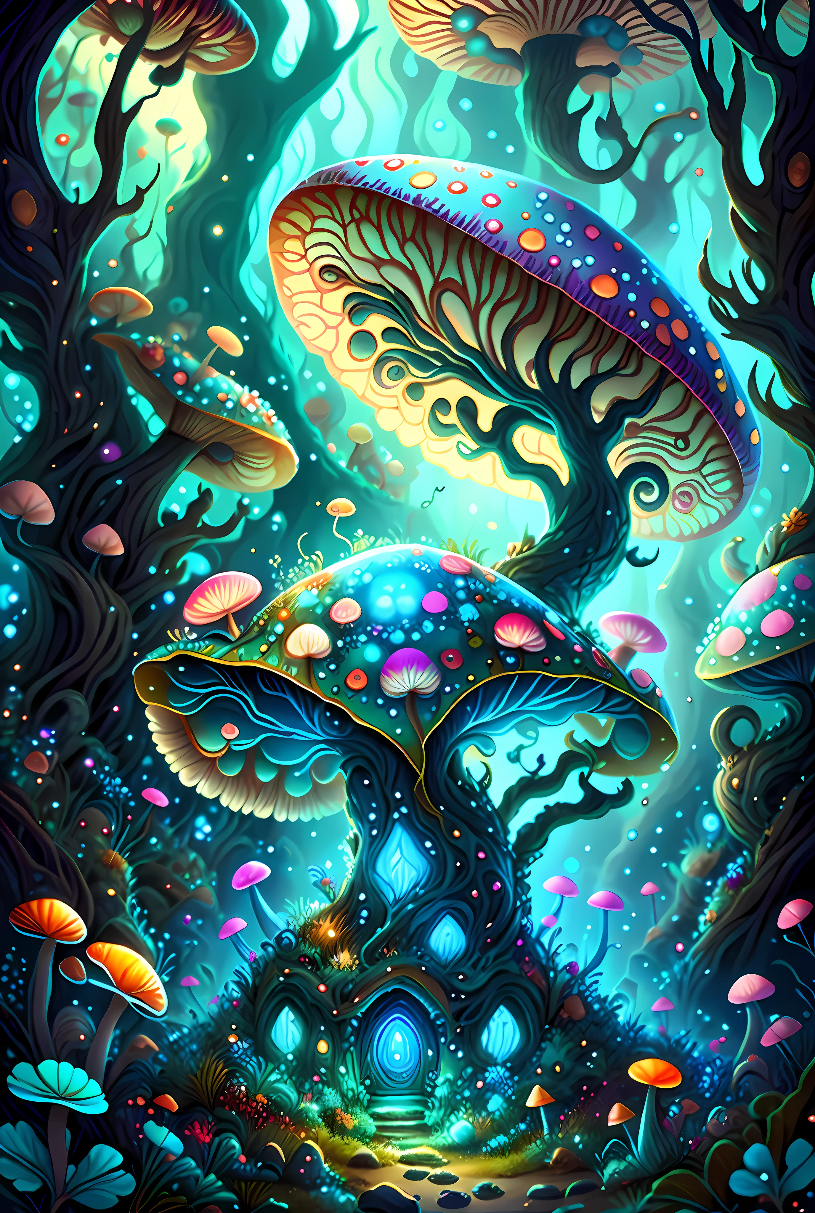 Hay una pintura de un bosque de hongos de fantasía con un dragón, detailed Arte de fantasía digital 2D, arte digital de fantasía detallada, Arte digital 4K altamente detallado, Arte de fantasía digital 2D, hongos azules brillantes, Soñar con hongos psicodélicos, Ilustraciones de fondo, Arte digital detallado 4K, hongo mágicos, Hongos azules brillantes en el fango, hongo mágico, Bosque de hongos, colorido arte de fantasía digital