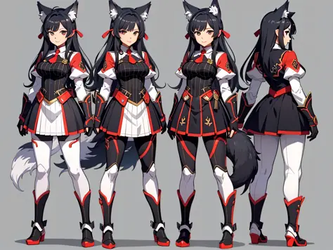 Character Sheet, full-body, female, tall, black-haired, anime, anime style, wolf ears, wolf tail, white armor, 4k, high quality