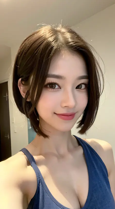((Best Picture Quality, 8k, The Masterpiece:1.3)), 1girl, Beautiful woman with slender abs:1.3, (Casual hairstyle, :1.2), sexy dress，Ultra-fine face, detailed eye, Double eyelid，Smile with。Take pictures in cute poses，The figure is very bad，Small waist，larg...