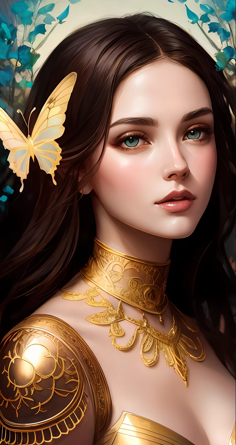 8k portrait of beautiful cyborg with brown hair, intricate, elegant, highly detailed, majestic, digital photography, art by artgerm and ruan jia and greg rutkowski surreal painting gold butterfly filigree, broken glass, (masterpiece, sidelighting, finely detailed beautiful eyes: 1.2), hdr,